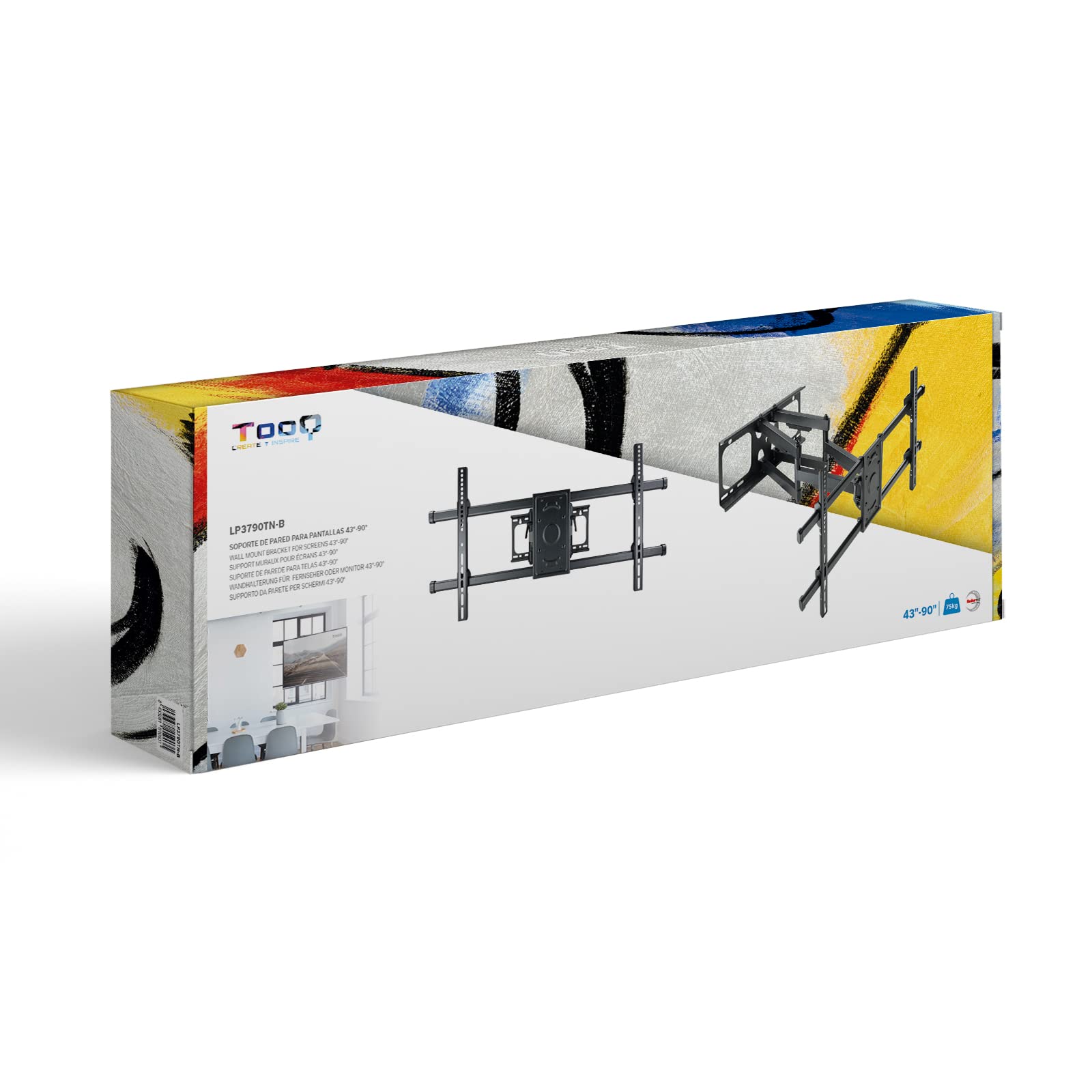 Tooq LP3790TN-B - Soporte de Pared para Pantallas 43" - 90", Máximo 75 kg, Extensible, Inclinable, Color Negro