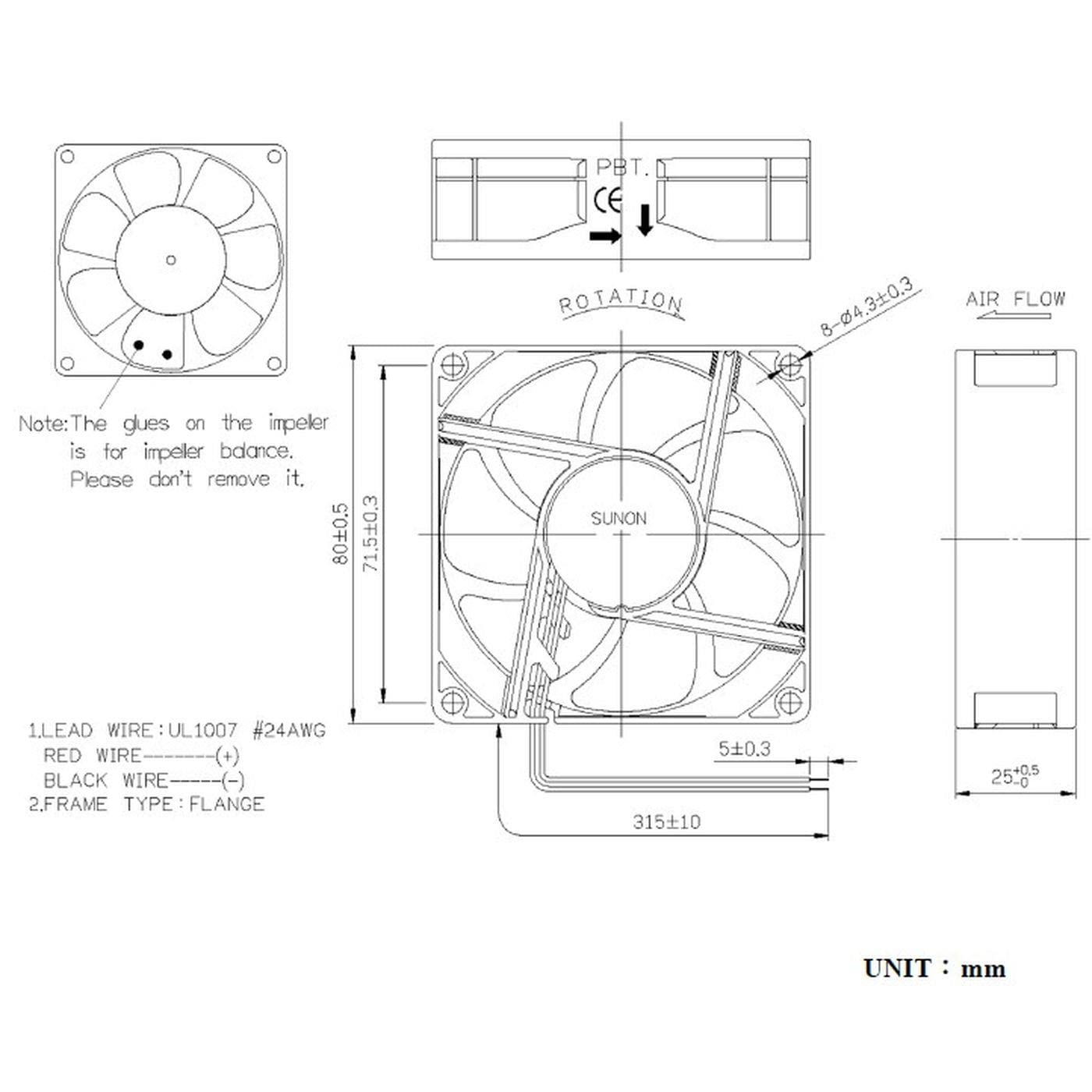 Ventilatore 24V DC 1,8W 80x80x25mm 69,7m³/h 3200U/Min 69,7m³/h Sunon EF80252B11000UA99
