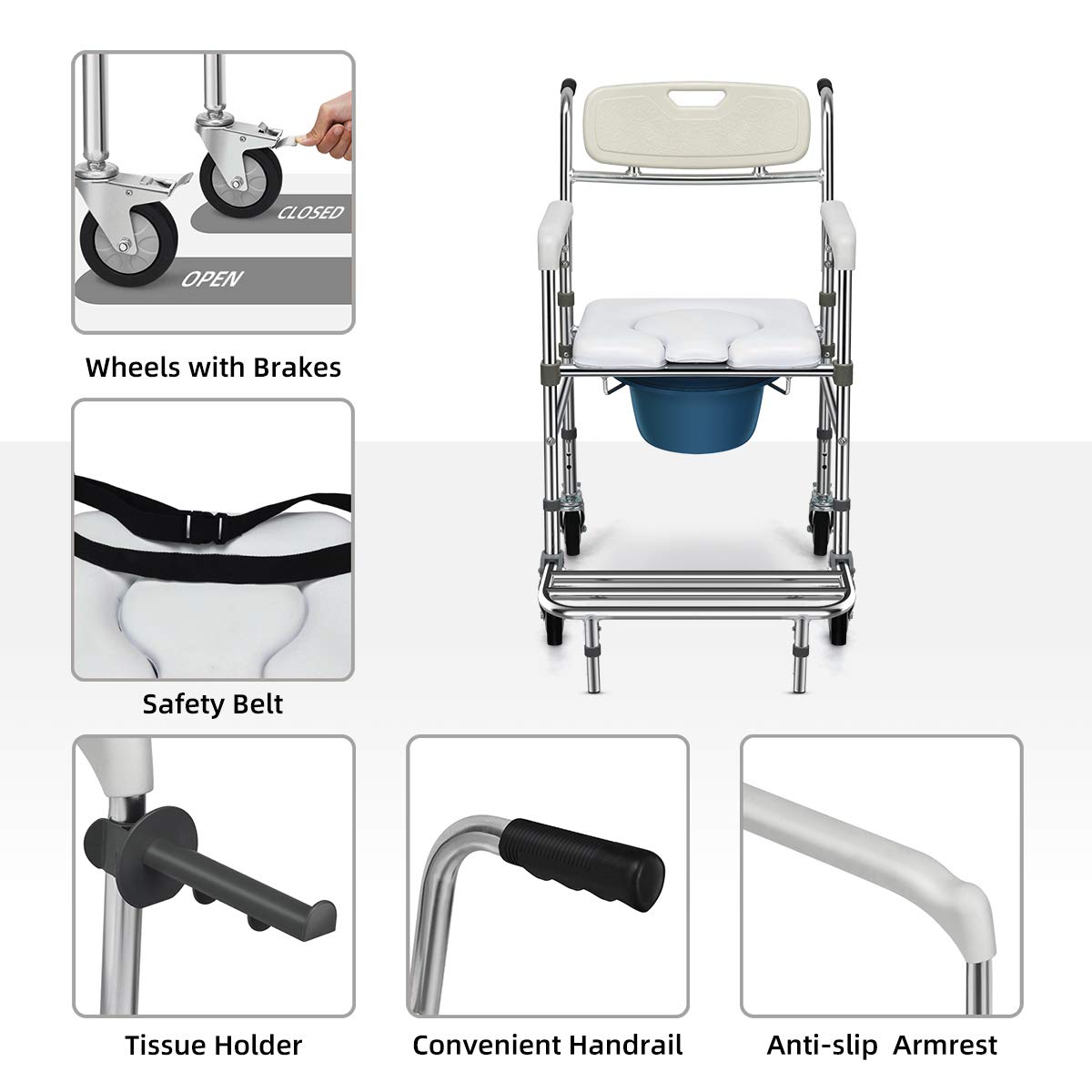 Giantex 3 in 1 Lightweight Shower Commode Wheelchair, Transport Bedside Commode with Wheels