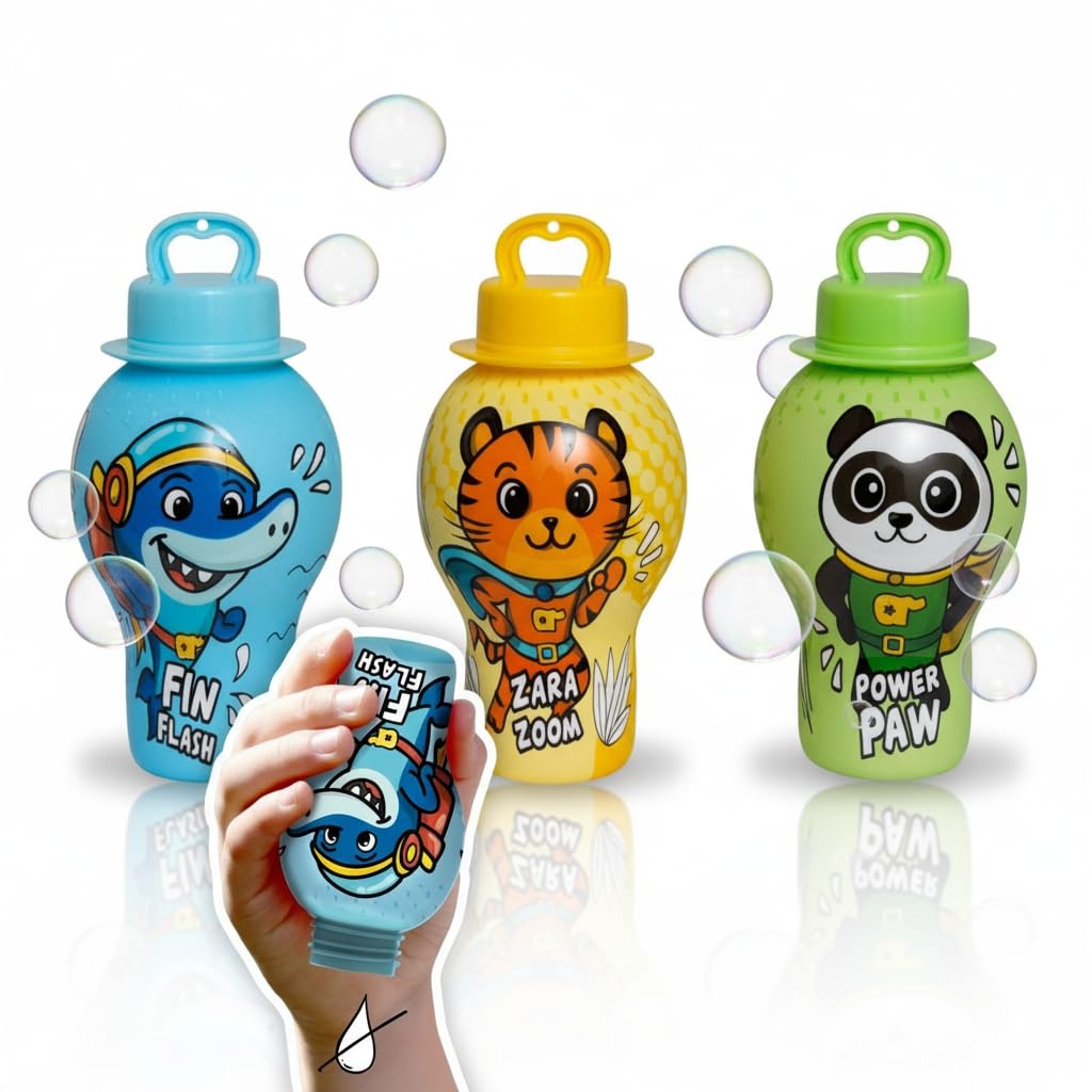 alldoro 68979 auslaufsichere Seifenblasen 12er Set, 12x 30 ml Fläschchen mit Animal-Hero Designs, nachfüllbar & kleckerfreier Spielspaß
