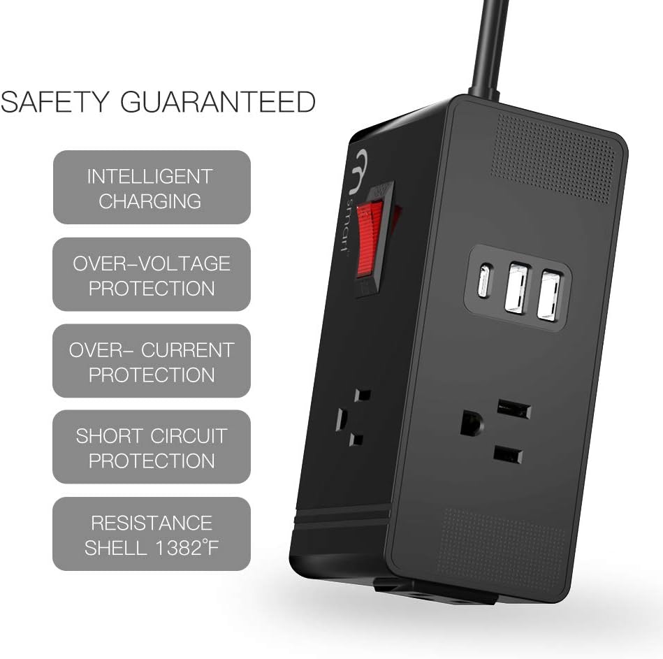 ONSMART Power Strip Flat Plug with 3 Outlets 2 USB Ports& 1 USB-C for iPhone/Android & More, Desktop Charging Station for Home, Travel, Office, Cruise, Overload Protection, 5Ft Extension UL Cord
