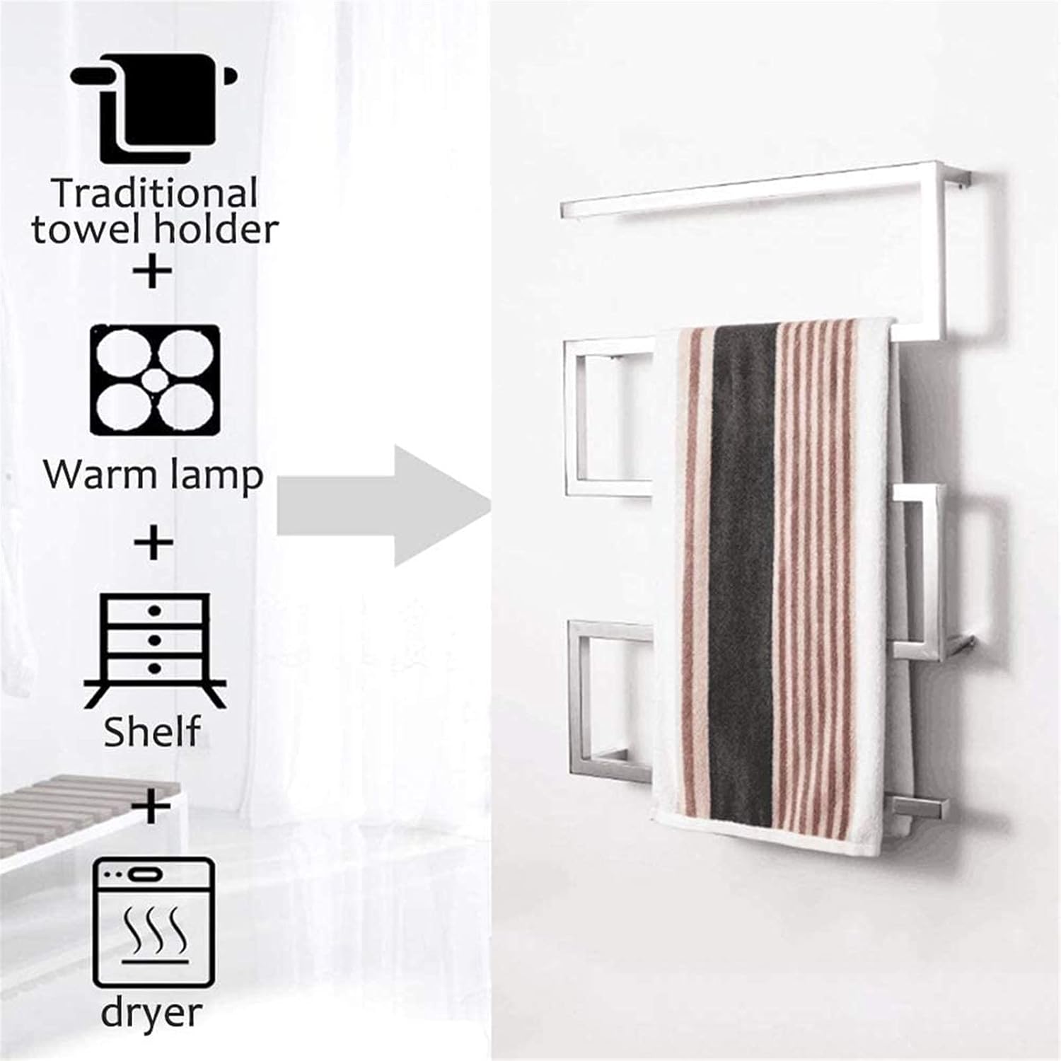 LUNEZY Heated Towel Rail Rails Heated Towel Warmer, Stainless Steel Electric Heated Towel Rack, Wall-Mounted Square Towel Drying Rack 65W for Home Bathroom (Size : Hard Wire)