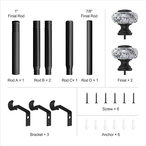 Miniatura 6 de Barras de cortina negras para ventanas de 32 a 72 pulgadas Barra de cortina acrílica ajustable de 1 pulgada con remates de lámina negra translúcida