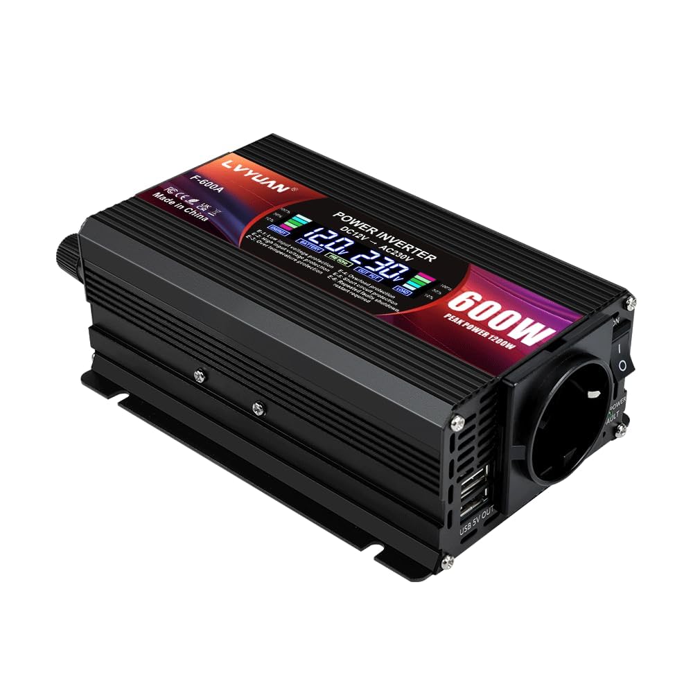 LVYUAN 600W/ 1200W Convertisseur de Tension CC 12 V à CA 220 V | 1 prise CA et 2 ports USB Convertisseur de courant Onduleur pour voiture, camping-car, camion