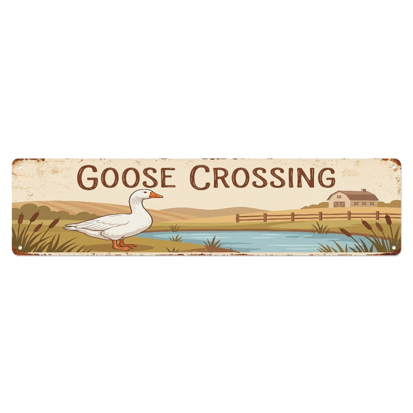 Metal Tin Sign Vintage Embden Goose Farm Scene Goose Crossing