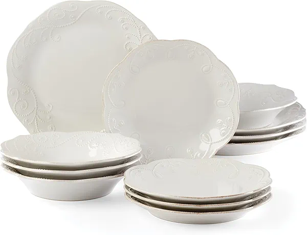Lenox 890951 French Perle 12-Piece Plate & Bowl Dinnerware Set White