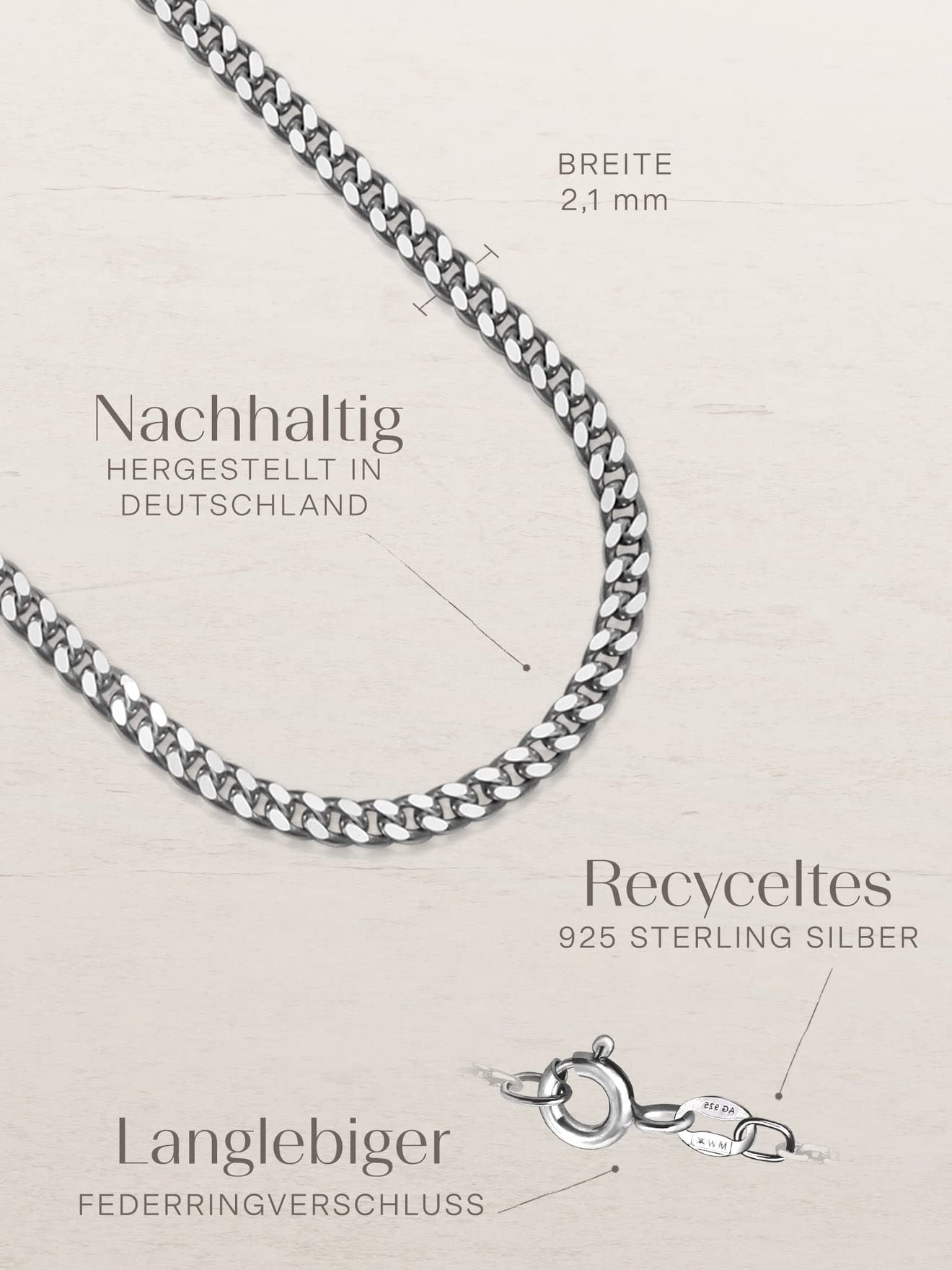 modabilé Panzerkette Damen Halskette aus 925er Sterling Silber (35cm-90cm lang 2,1mm breit) Silberkette 925 ohne Anhänger Silberne Kette für Frauen