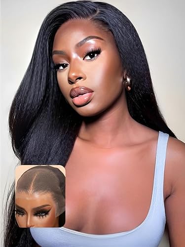 UNICE Peluca de cabello humano lacio tipo afro Yaki 12A, rubio miel con reflejos, encaje frontal de 13x4, sin pegamento, despuntada con abuelitos,