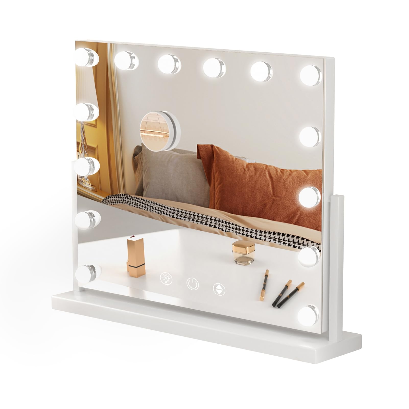 Vanity Mirror with Lights, Desk Lighted Makeup Mirror with 14 LED Bulbs,3 Color Lights for Bedroom, 10X Zoom Magnifying, Touch Control, AC-Powered, Tabletop Mount Cosmetic Mirrors White US