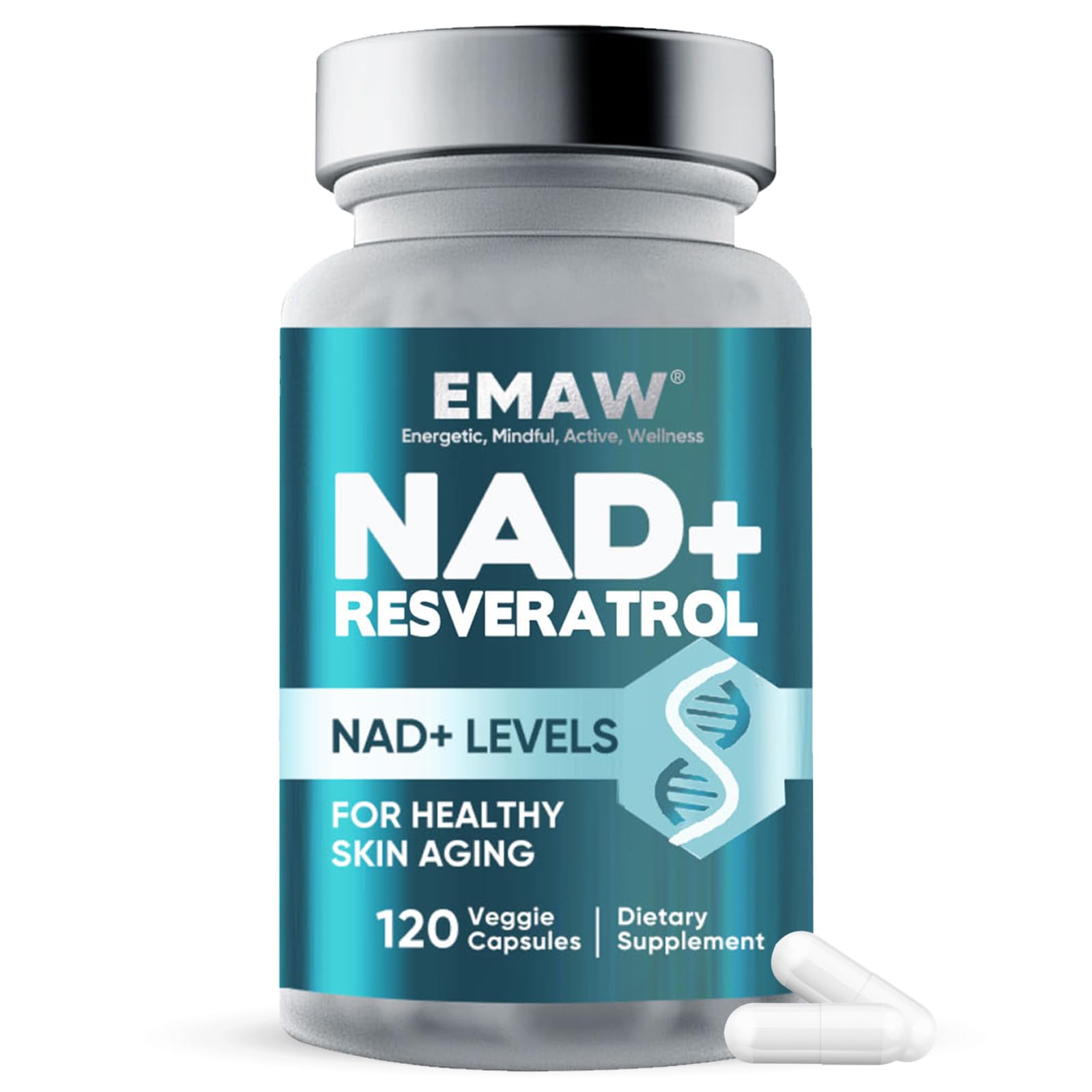 Nad+ 500mg & Resveratrolo Puro, Integratore per Energia Cellulare, Antiossidante Naturale, Anti-Invecchiamento, 120 Capsule Vegetali