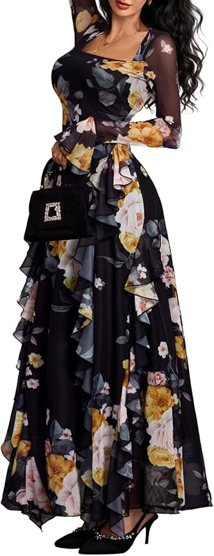 Women's Floral Dress Long Sleeve Square Neck Ruffle Party Outfit