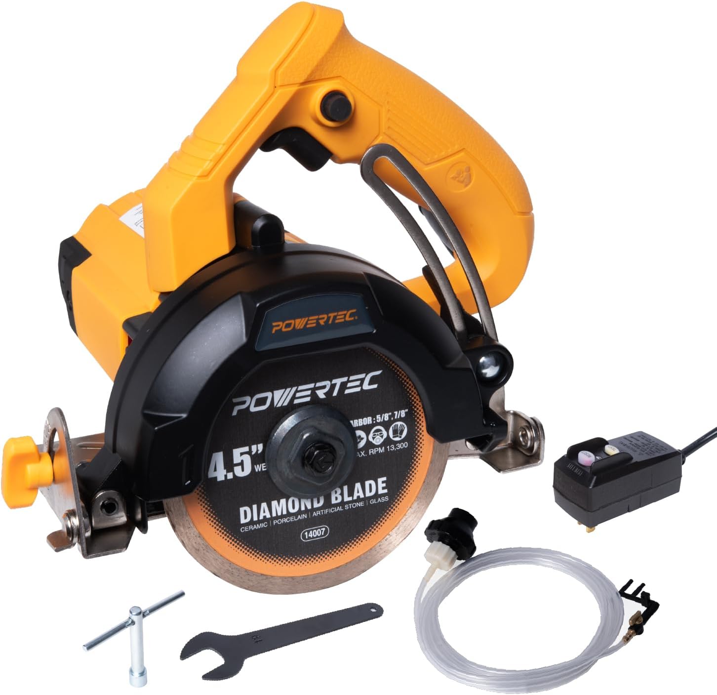 POWERTEC HTS1045 4.5" Handheld Tile Saw, 12Amp 1400W Motor, Wet/Dry Cuts, Adjustable Bevel/Depth, GFCI Safe, 4-4.5" Blades