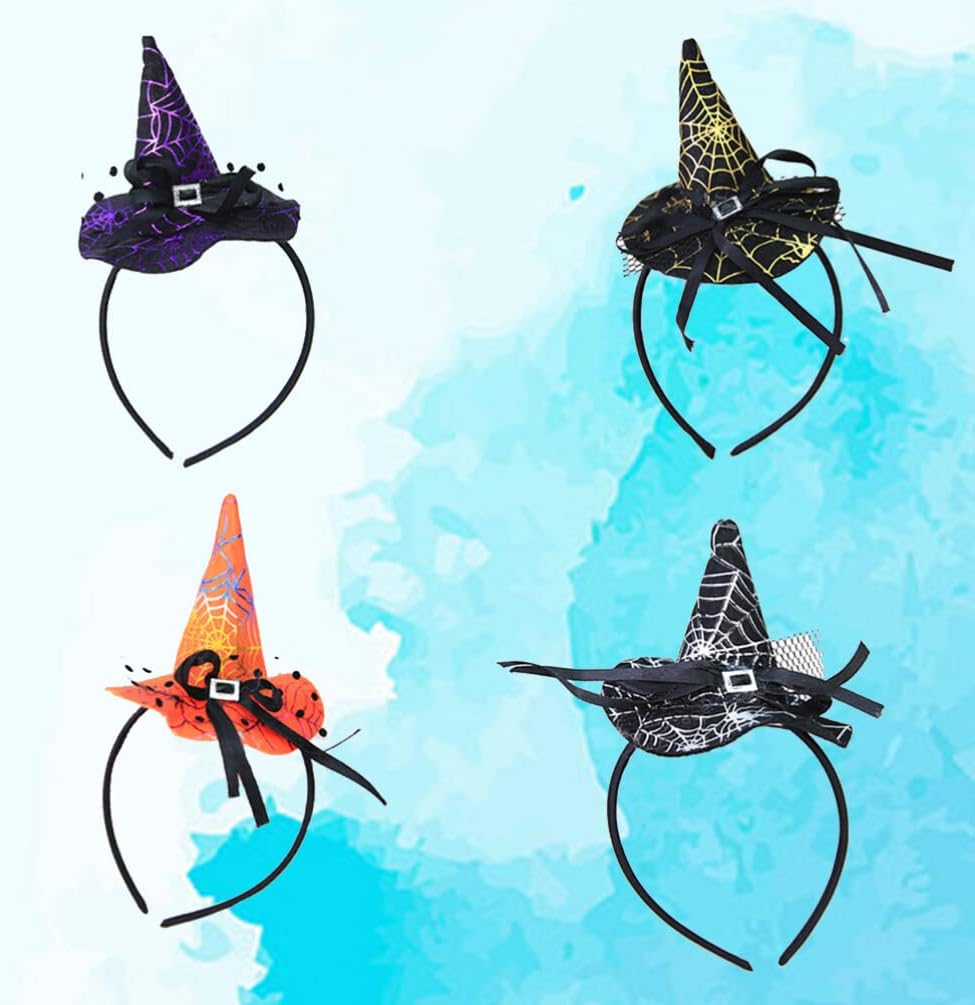 Uonlytech 4 Pcs Halloween Hat Mini Pointy Witch Headwear Hair Hoop Hairband Accessories Cosplay Party Props Decoration