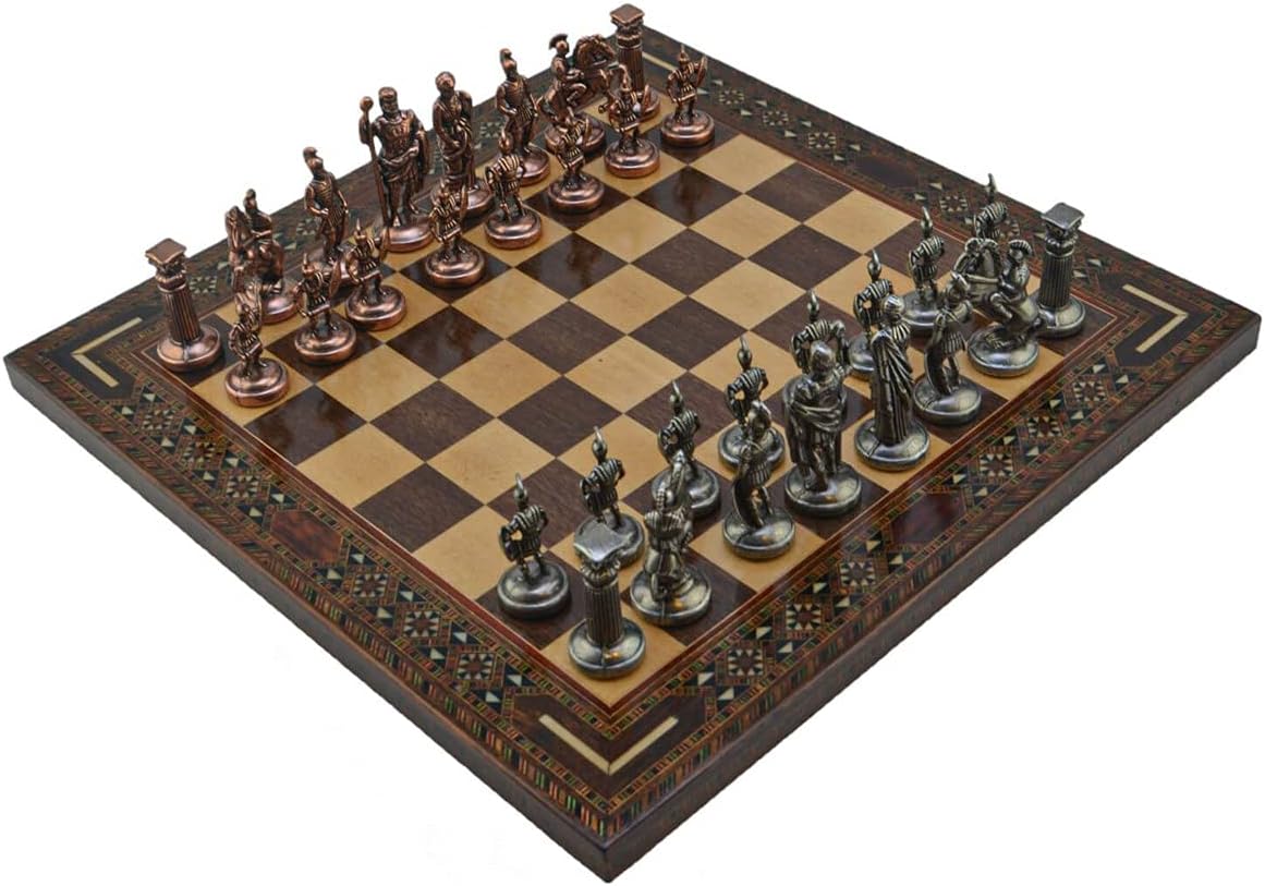 Historical Antique Copper Roman Figures Metal Chess Set for Adult,Handmade Cool Pieces and Medium Size Natural Solid Wooden Chessboard with Pearl Design Around Board (Walnut)