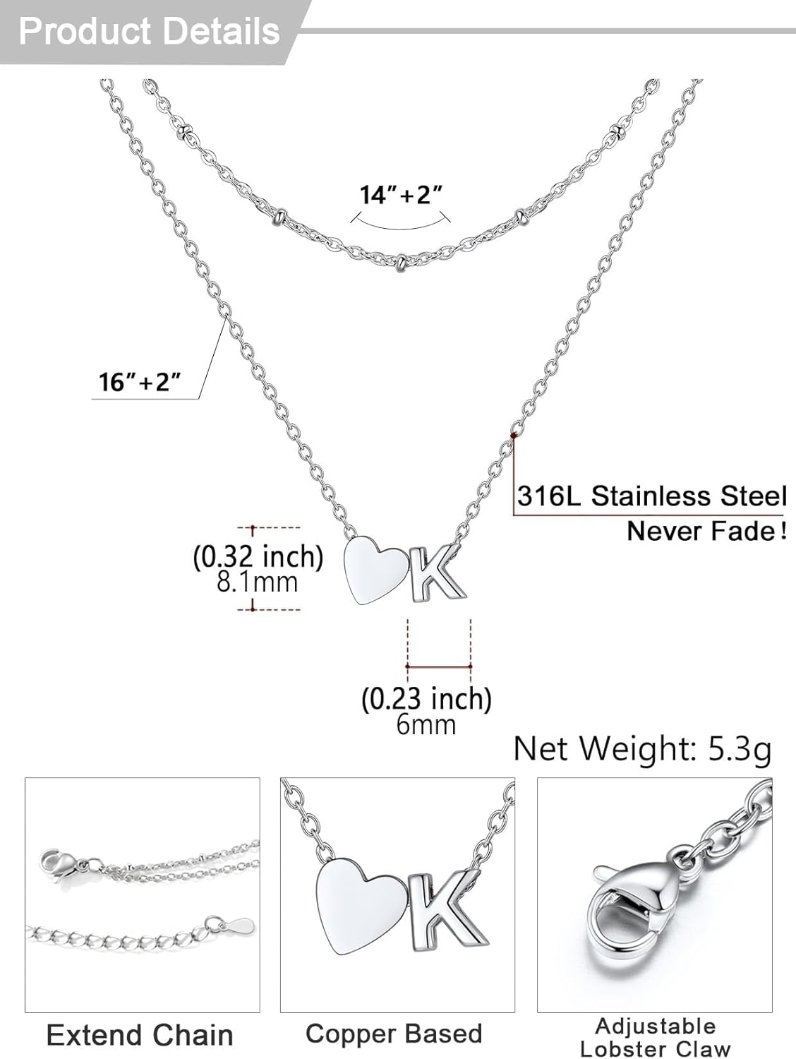 U7 Layered Heart Initial Necklace for Women,Tiny Silver/14K Gold Plated Heart Initial A-Z Letter Pendant Necklaces,Adjustable 16"- 18" Valentines Birthday Personalized Jewelry Gifts - Image 4