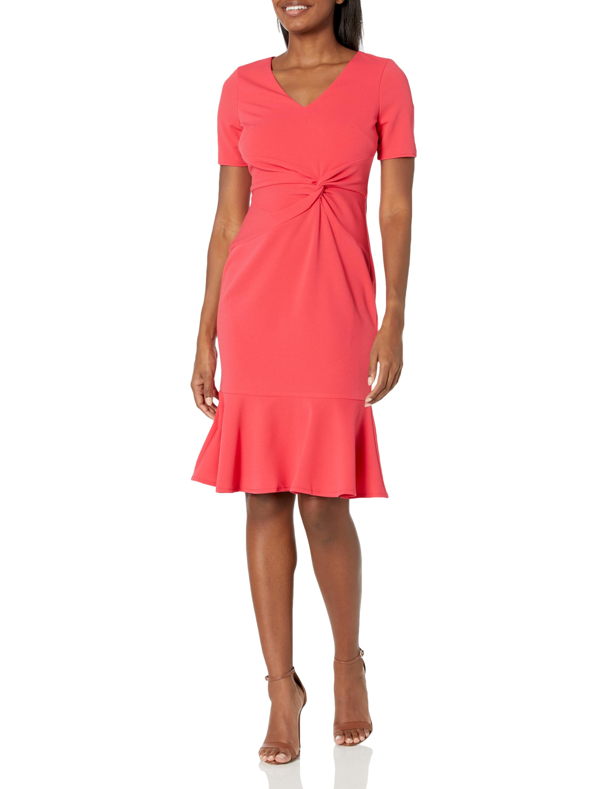 London Times Women's V-Neck Polished Flounce Hem Twist Waist Detail Feminine Office Event Guest of