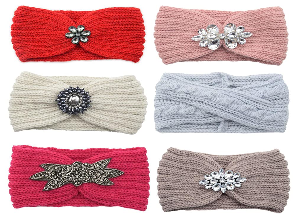 6 Pack Women Winter Warm Crocheted Headwrap Soft Knit Vintage Head Wrap Boho Headband Twisted Elastic Hair Accessories