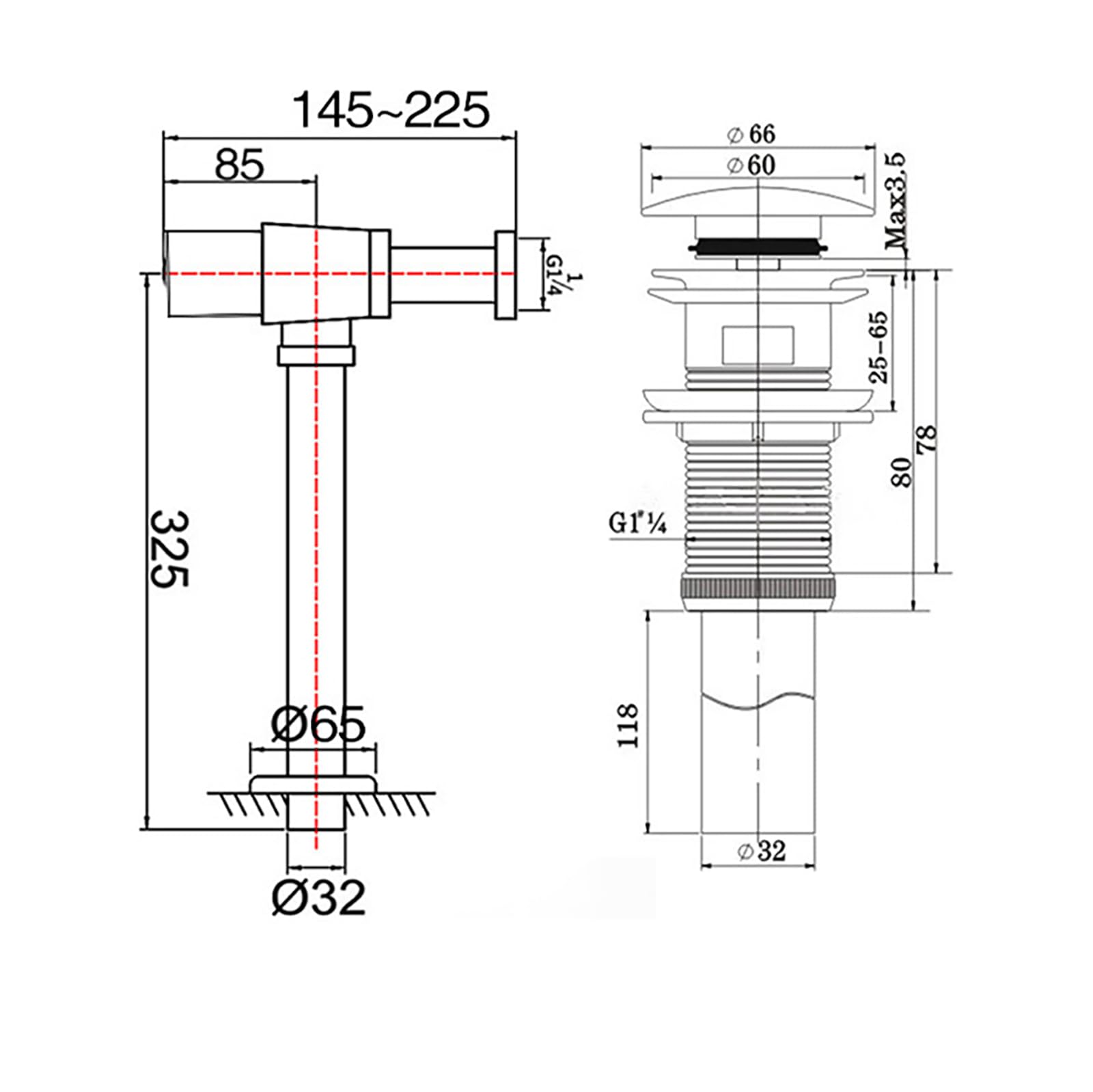 Siphon Waschbecken mit Pop Up Ablaufventil,Ablaufventil mit Überlauf,Geruchsverschluss,Höhenverstellbar Messing Abflussrohr Waschbecken,Universal Abflussrohr 1 1/4"