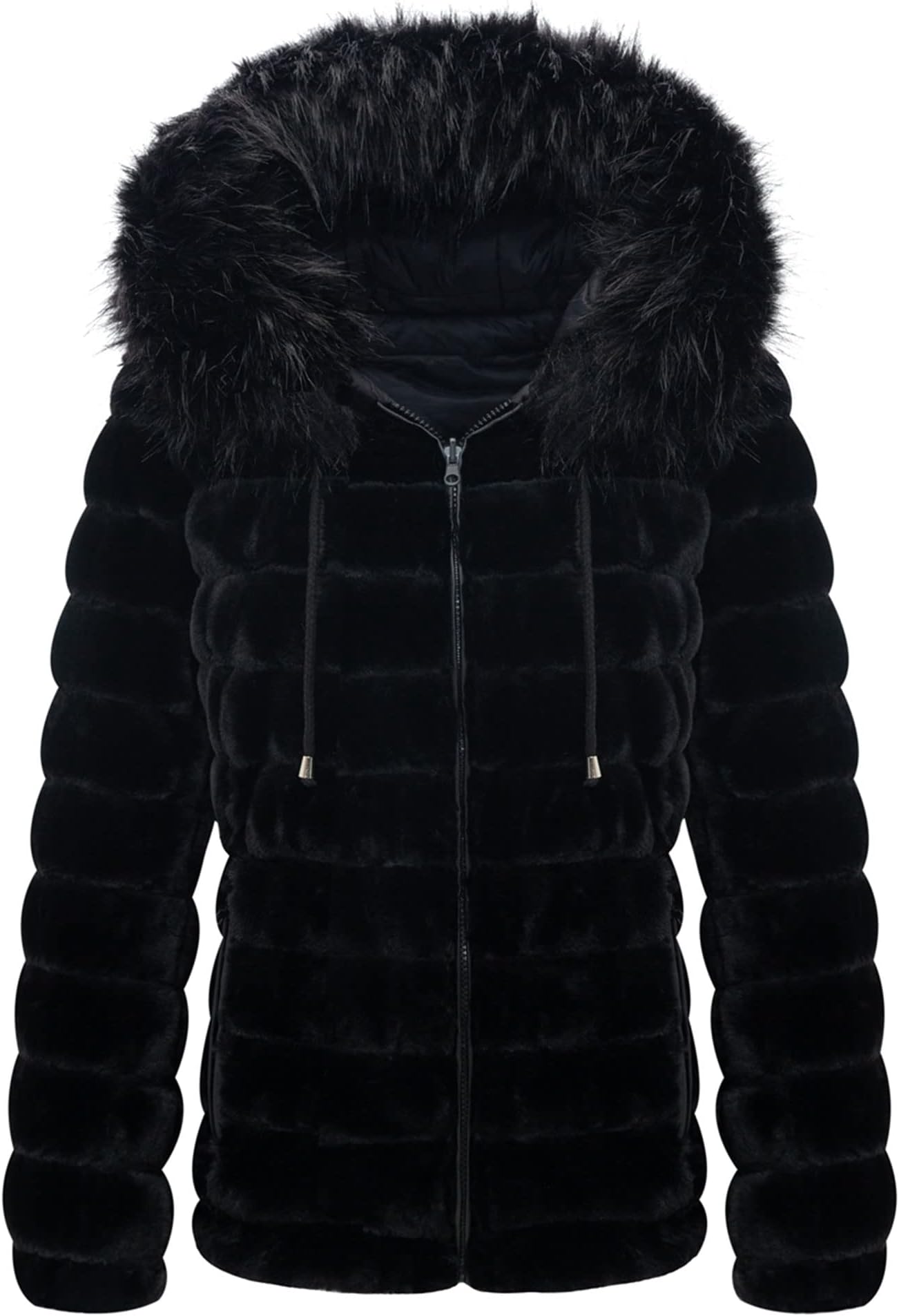 Women Double Sided Faux Fur Jacket Spring and Winter Fashion Reversible Hood Puffer Coat with Fur Collar
