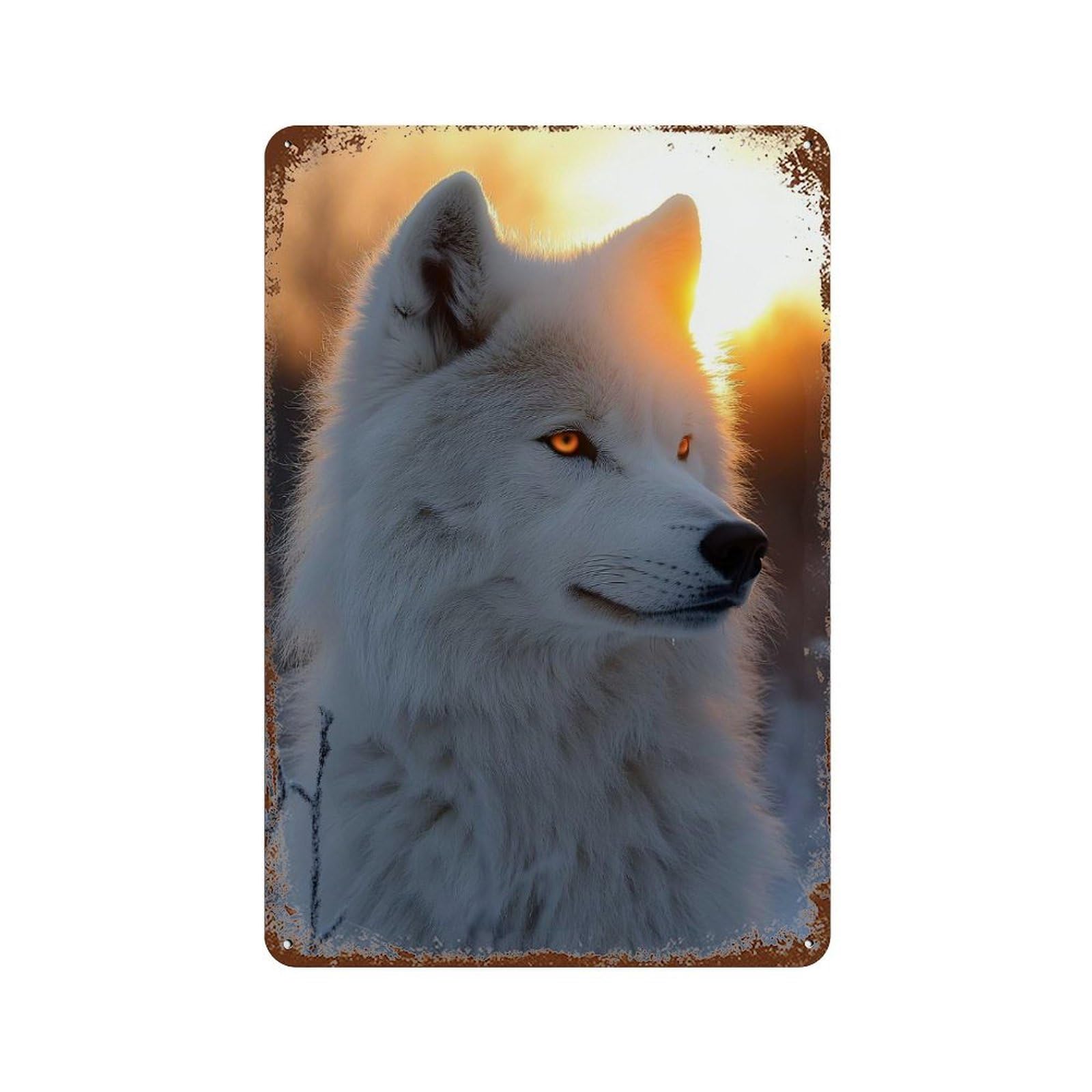 White Wolf Portrait at Sunset 11.8"x7.9" Vintage Rust Metal Sign, Novelty Wall Decor for Living Room, Hallway And Home Decor