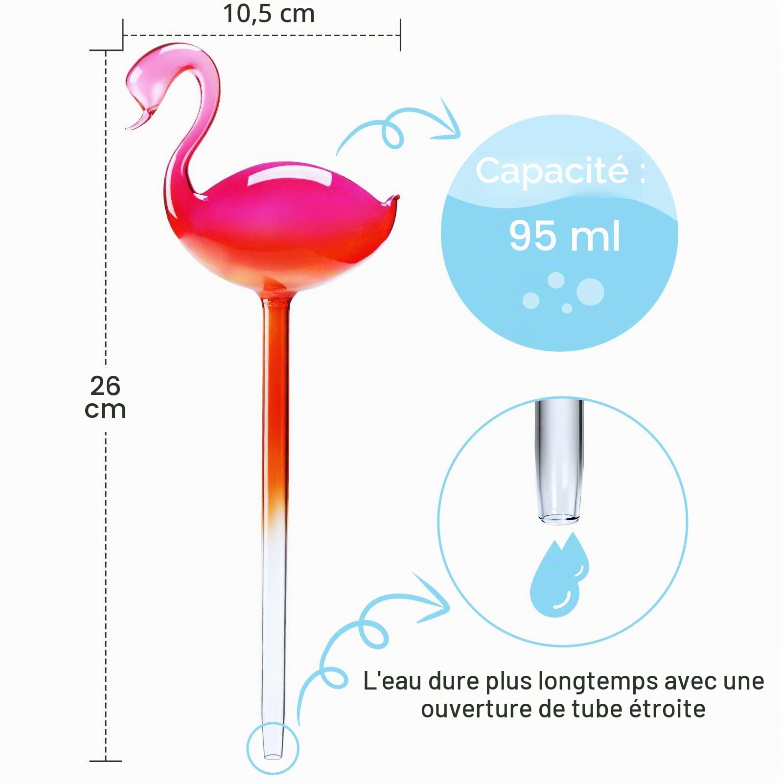 NiHome Flamingo Lot de 2 bulbes d'arrosage Automatique 25,4 cm de Long dégradé Rose Vif en Verre soufflé à la Main pour la Maison l'intérieur ou l'extérieur système d'irrigation Automatique