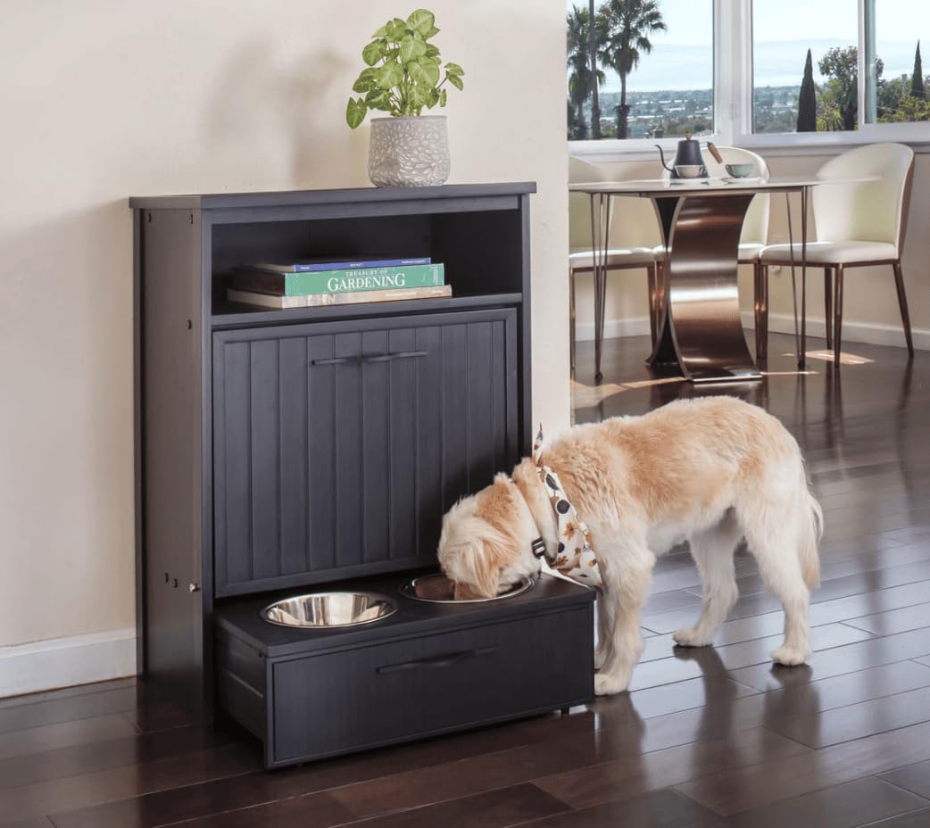 FINCA CASAREJO Armario comedero para Mascotas LUISIANA - con cajón para Almacenamiento de pienso - Dos Cuencos de Acero Inoxidable accesibles para Perros y Gatos - 36,4x58,4x83,2cm (Negro)