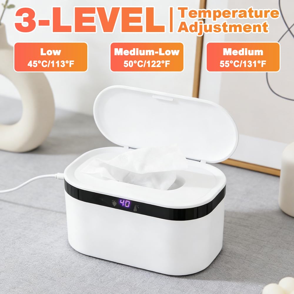 Feuchttuch Wärmer, Feuchttuchwärmer Baby, Feuchttücher-Heizung mit LED-Nachtlicht, 3 Heizstufen & Konstanttemperatur, USB Baby Wischtuchwärmer für 120 Tücher zum Zuhause und Unterwegs