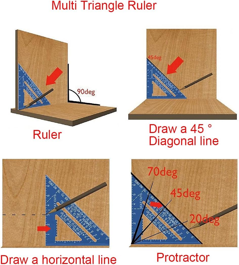 Equerre de charpentier 180MM Règle triangulaire en aluminium, Rapporteur multifonctionnel avec angle de 90 degrés, Noir