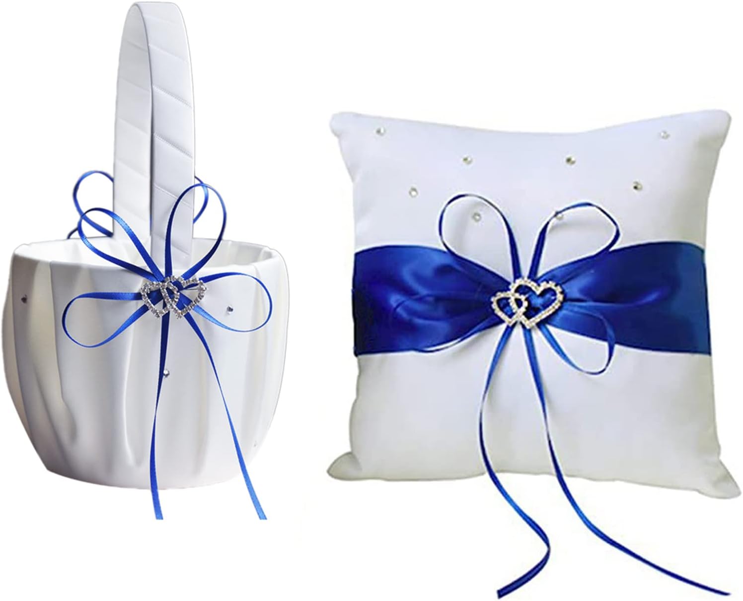 WERTSWFWedding Ring Bearer Pillow and Flower Girl Basket - Royal Blue Ribbon,Double Heart Rhinestone Satin Petals Basket Ring Cushion