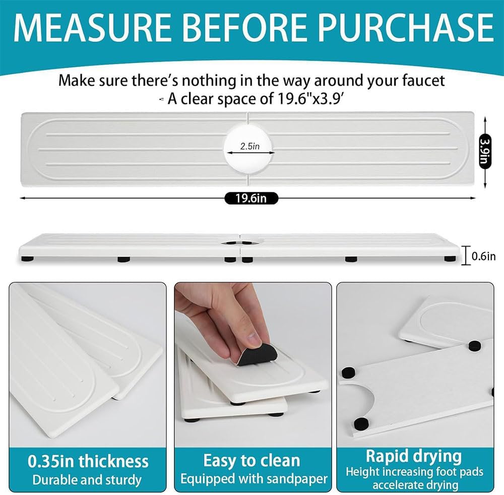 Faucet Mat 19.6 X 3.9 inch Kitchen Bathrooms Sink Faucet Mat White Absorbent Stone Diatomite Sink Splash Guard