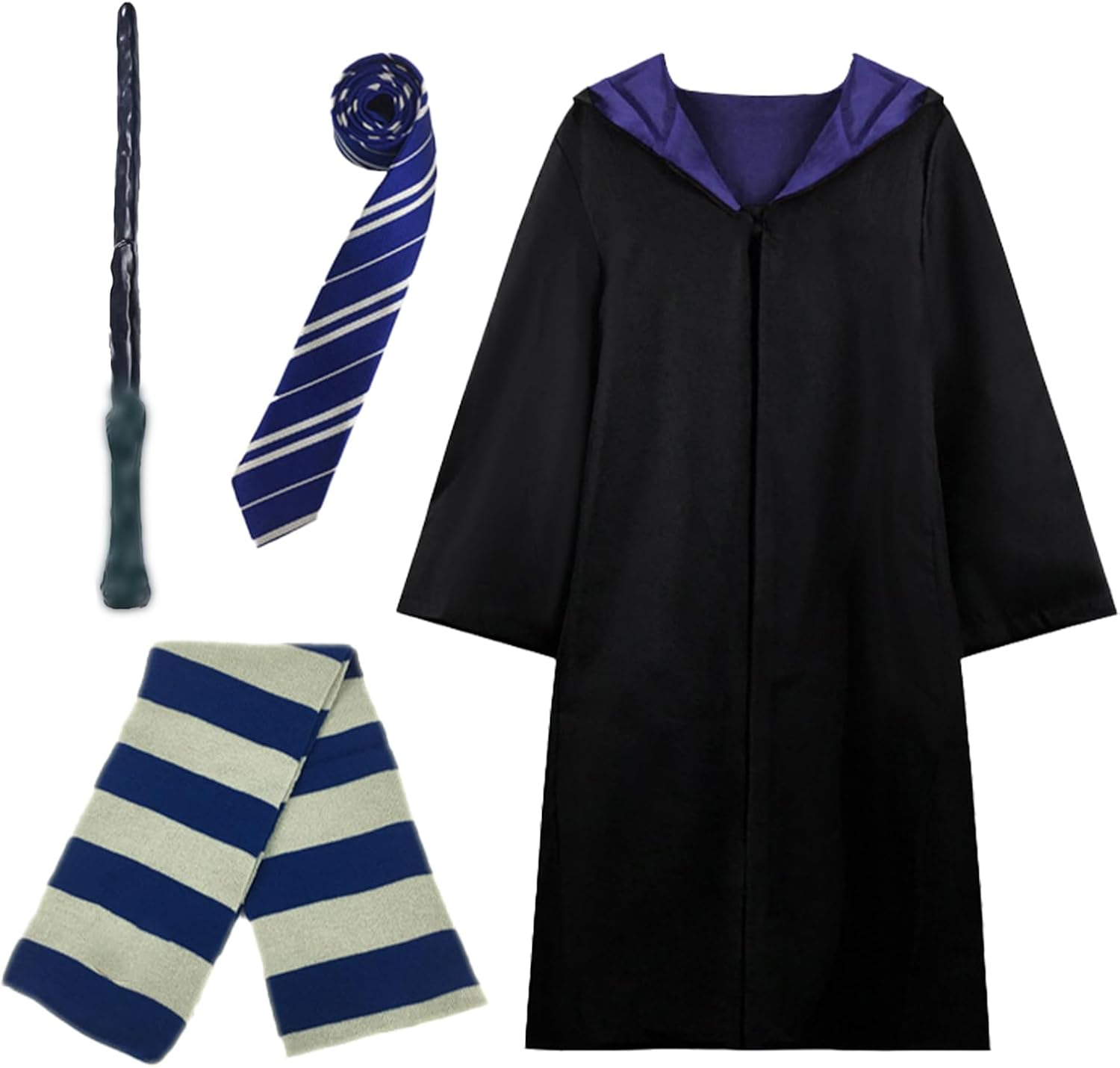 Wizard Costume for Adults, 4 Pcs Magic Robe Set Wand Tie Scarf, Halloween Cosplay Outfit for Men Women