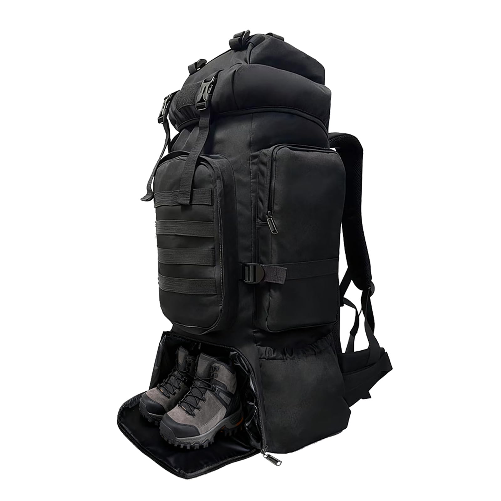 Nayubo Tactical 80L Hiking Backpack with Dedicated Shoe Compartment - Large Capacity Rucksack for Camping Backpacking Men Women - Outdoor Trekking Travel Pack (Black)