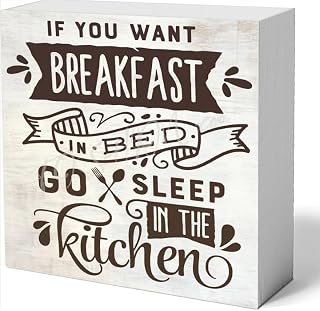 If You Want Breakfast In Bed Go Sleep In The Kitchen Wood Box Sign Wood Block Sign for Bathroom Desk Shelf Decoration Rustic Farmhouse Style 5" x 5",24sp26baA22