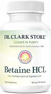 Dr. Clark Betaine HCL Digestive Enzymes - Acid Reflux Medicine, Hydrochloric Acid Protein Supplement, Optimal Digestion Formula, 100 Gelatin Capsules, 425 mg