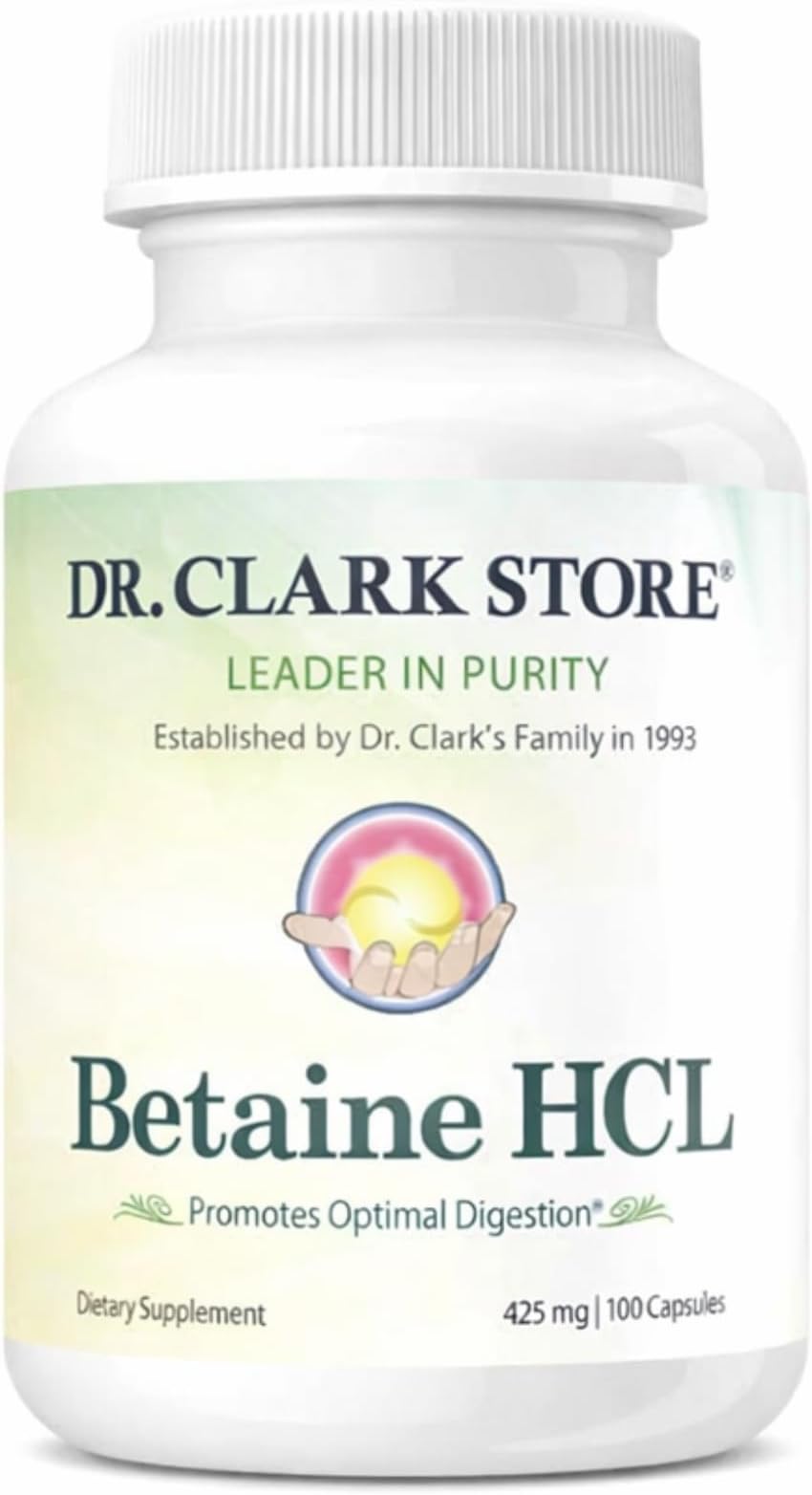 Dr. Clark Betaine HCL Digestive Enzymes - Acid Reflux Medicine, Hydrochloric Acid Protein Supplement, Optimal Digestion Formula, 100 Gelatin Capsules, 425 mg