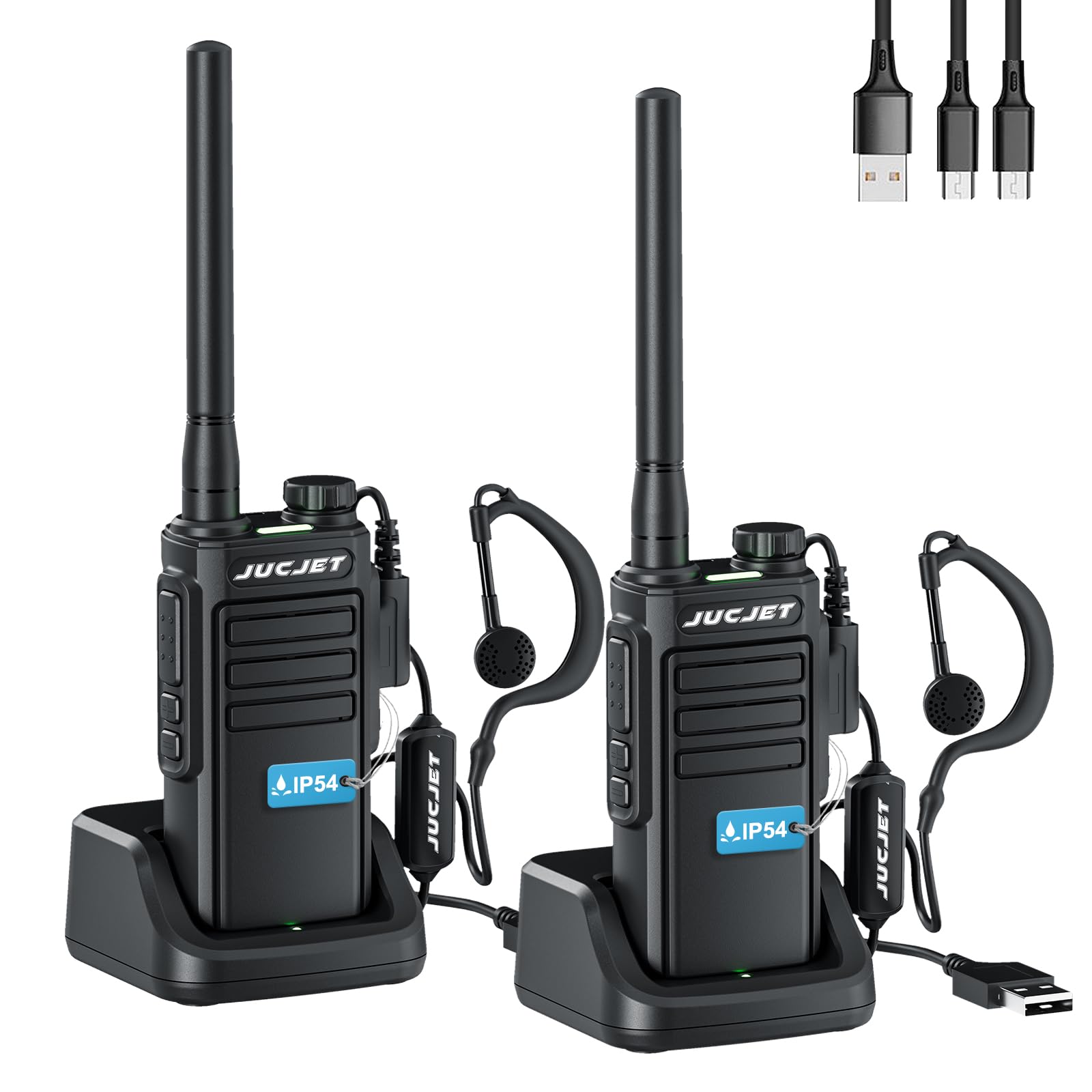 EP31 PMR446 Walkie Talkie, Walkie Talkie ricaricabili impermeabili IP54 con 16 canali, cavo di ricarica TPYE C 2 in 1, con stazione di ricarica USB, auricolari originali(Nero, 2 Pezzi)