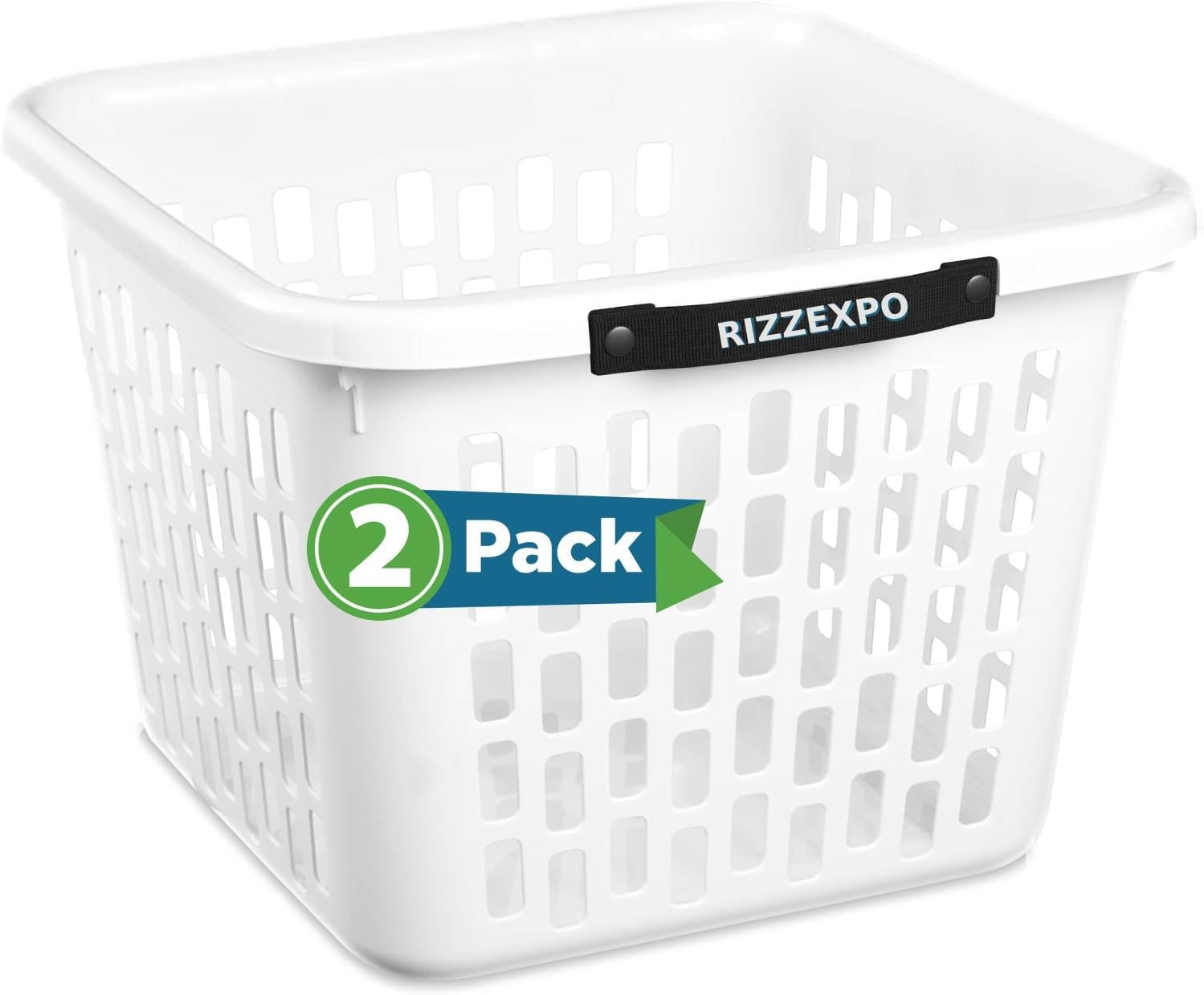 2 Pack 1.5 Storage Bushel Square Laundry Basket Plastic, Laundry Hamper White, Ultra Square, Plastic Laundry Basket with 2 Comfort Grip Handles,