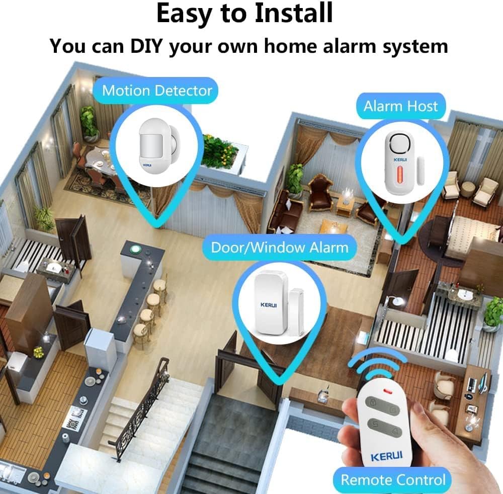 Diagram showing suggested placement of motion detector, alarm host, and door/window alarm in a home layout.