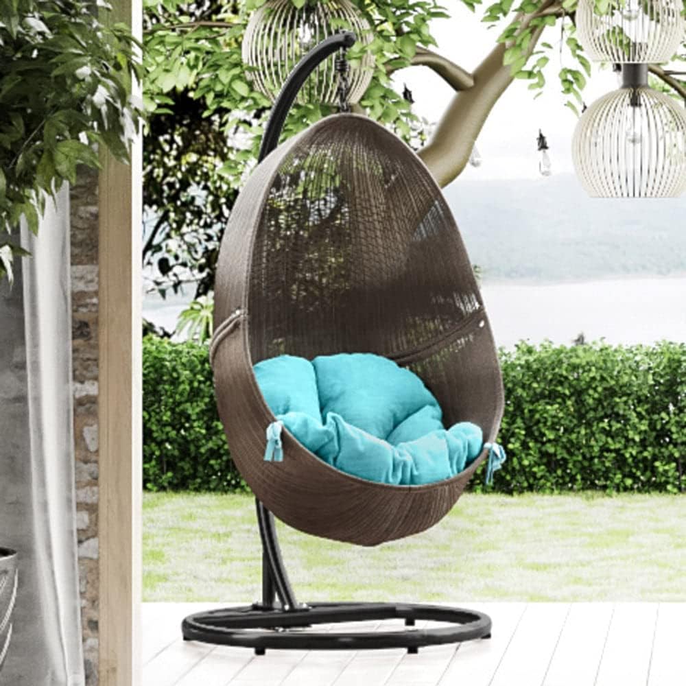 Zuri Furniture Modern Bali Espresso Basket Swing Chair Teal Cushion with Stand