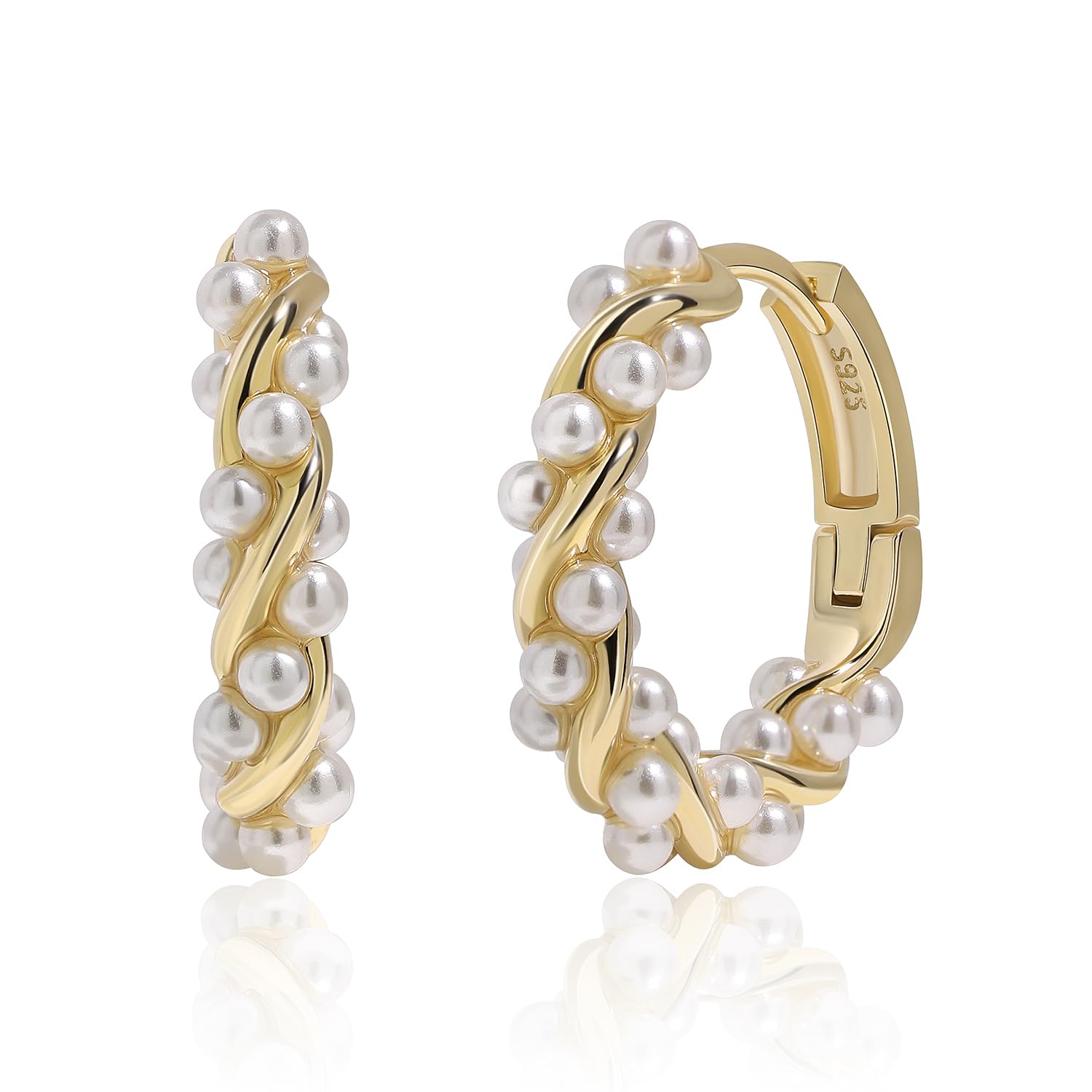 Pendientes de perlas Meissa para mujeres, pendientes tipo huggie chapados en oro, aros gruesos ligeros para chicas, pendientes de perlas para bodas en plata de ley, Oro