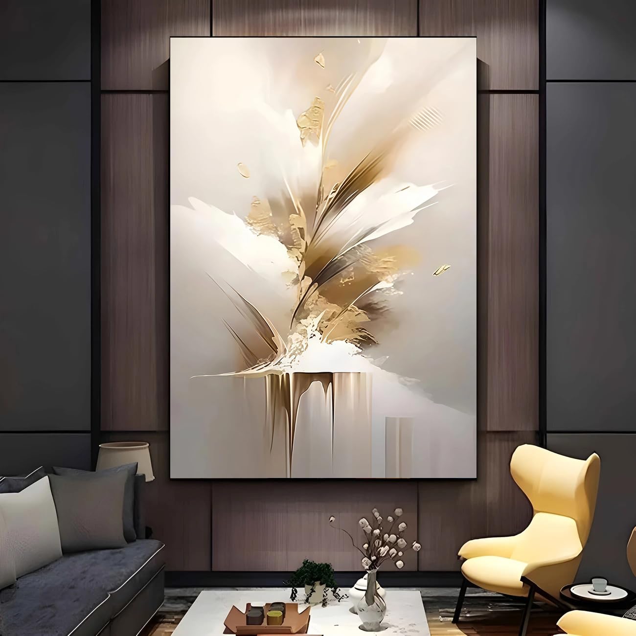 UUDEZO Tableau décoratif vertical doré, moderne, abstrait et lumineux, idéal pour le salon (70 x 90 cm (28 x 35 pouces) avec cadre).