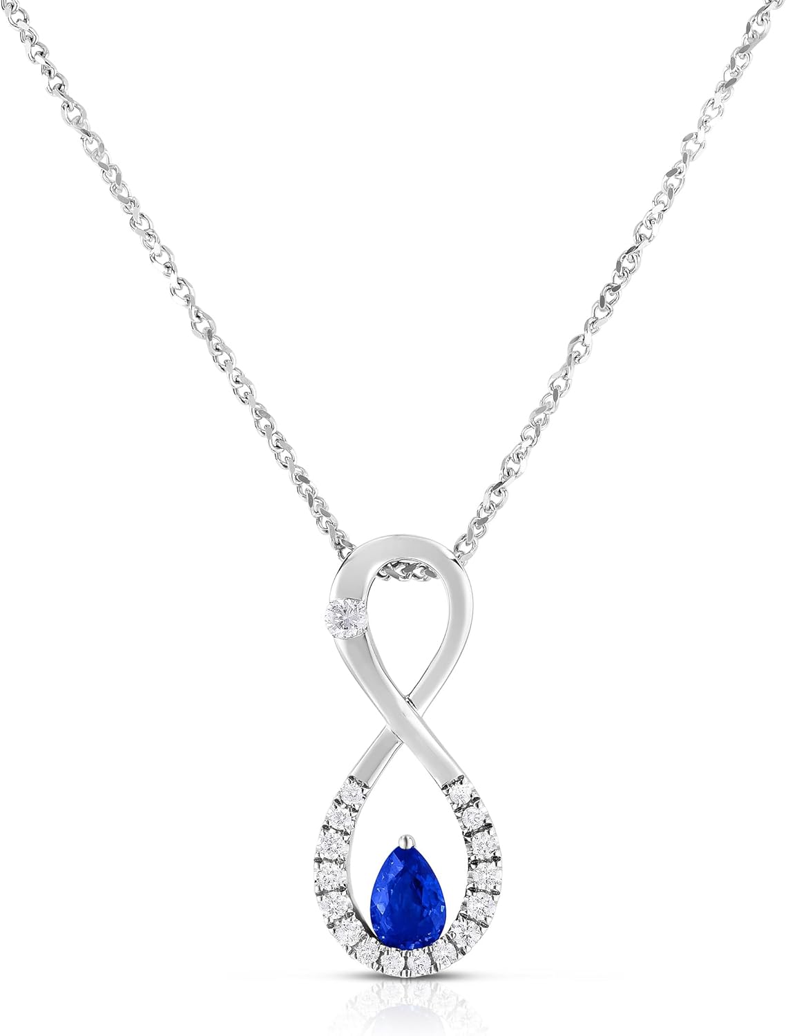 14K White Gold Genuine Sapphire Pear Shaped 1/2 Ct, Infinity Diamonds Pendant Necklace