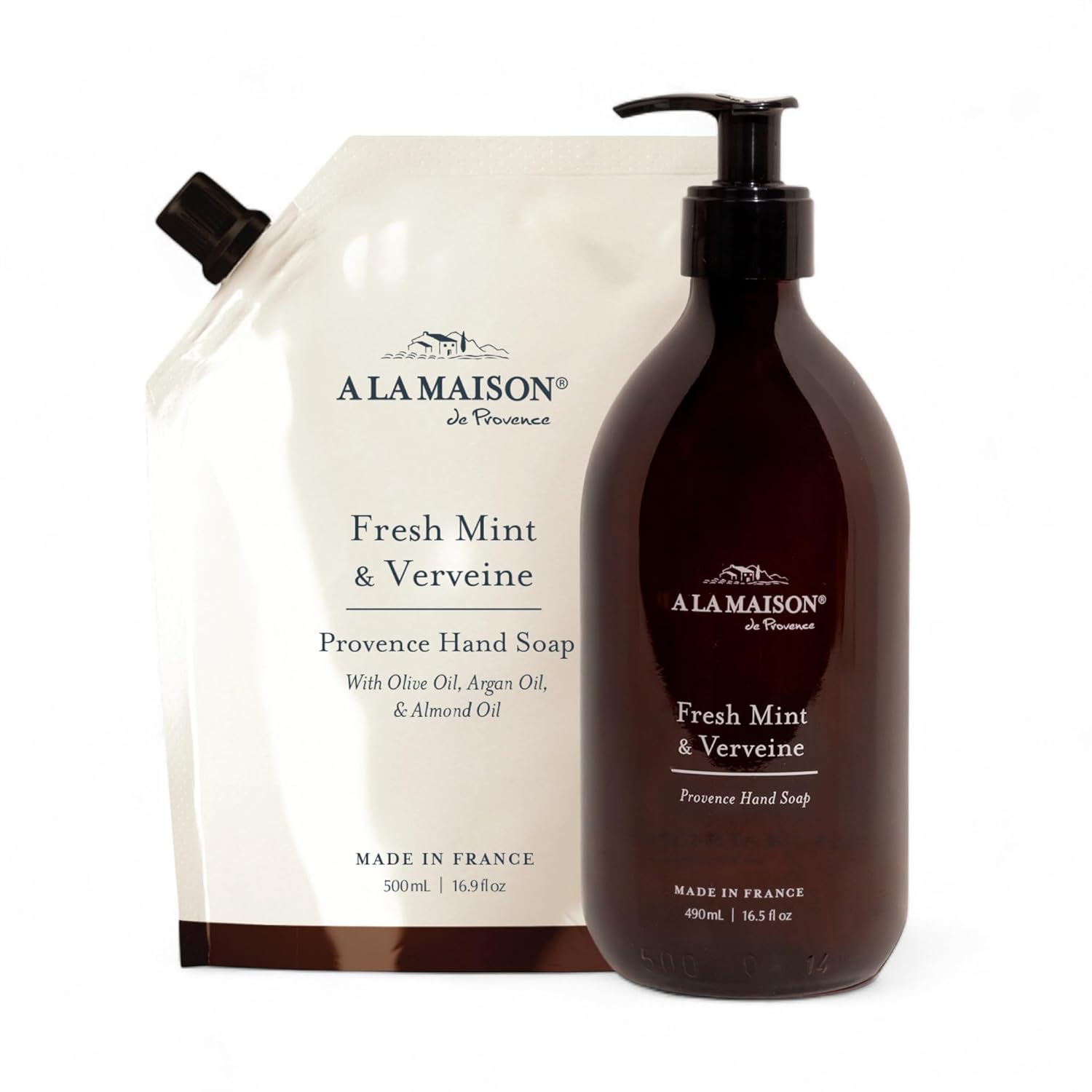 A LA MAISON Hand Soap Gift Set – Fresh Mint & Verveine Refill Pouch – Glass Hand Wash, Eco-Friendly & Recyclable – Plant-Based, Made in France – 16.5 fl oz + 16.9 fl oz– Amber Collection
