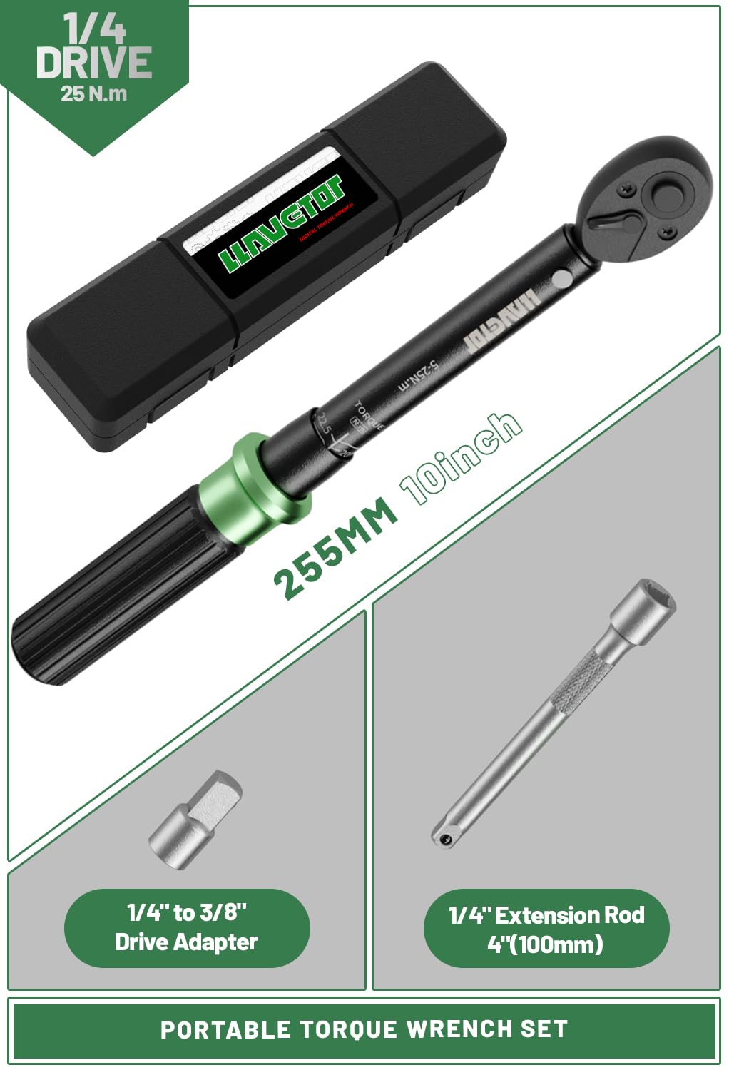 Clé Dynamométrique 1/4", 5-25 Nm Clé Dynamométrique Velo, Kit D'entretien avec 100mm Barre d'extension, 3/8" Adaptateur pour Vélos Route y Montagne, Moto