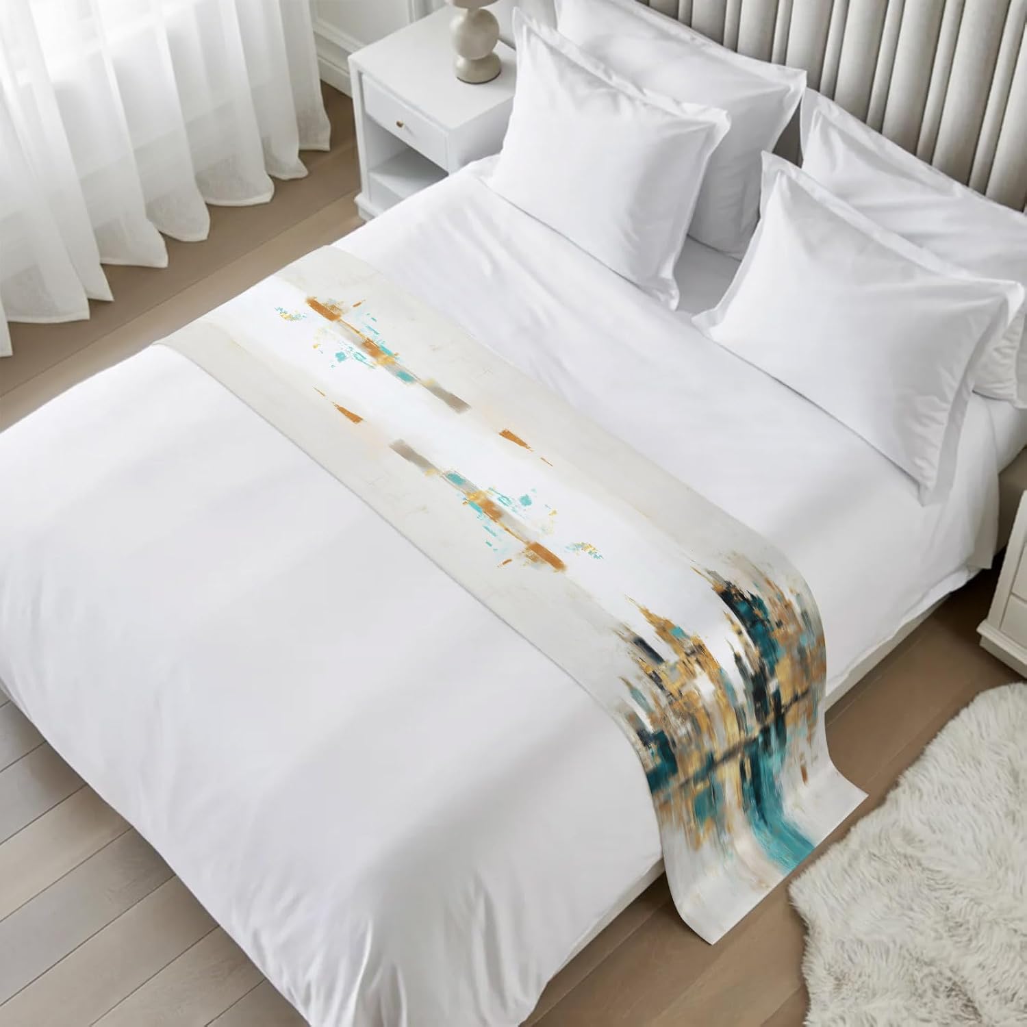 Golden Teal Ombre Bed Runner Cal King Size, Abstract Buildings Oil Painting Bed Scarf Protector Slipcover for Bedroom Wedding Room Hotel, Bedding Runner Throws for Foot of Beds 102"x20"