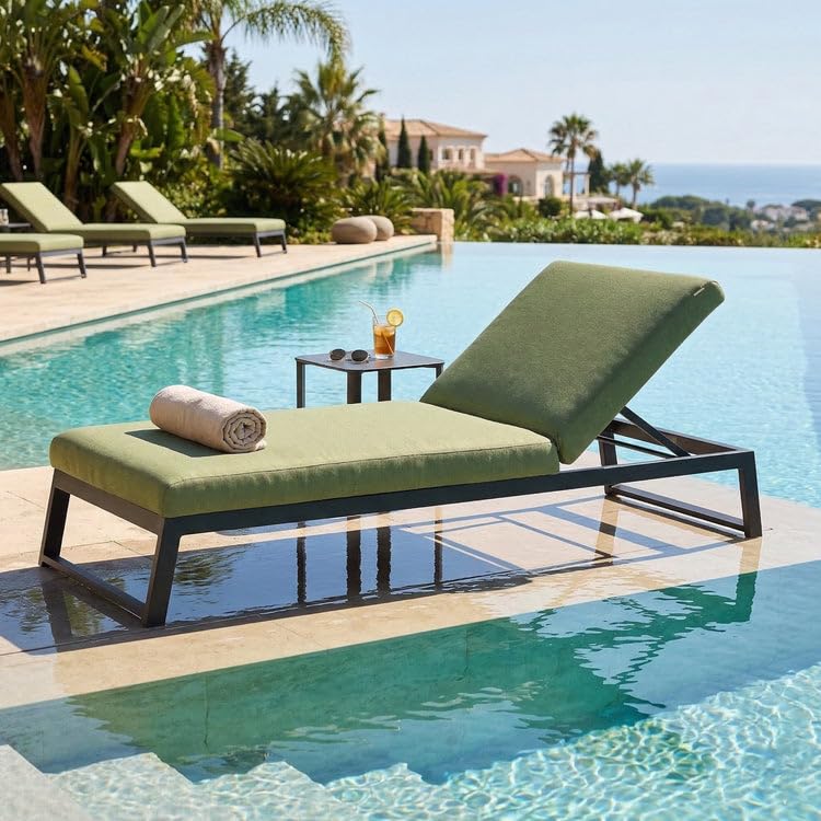 Outdoor Sun Lounger (or Patio Lounge Chair/Recliner) Color: Olive Green (Cushion) / Matte Black (Frame) Fabric Type: Weather-Resistant Outdoor Fabric (Likatex/Canvas Weave)-image-46