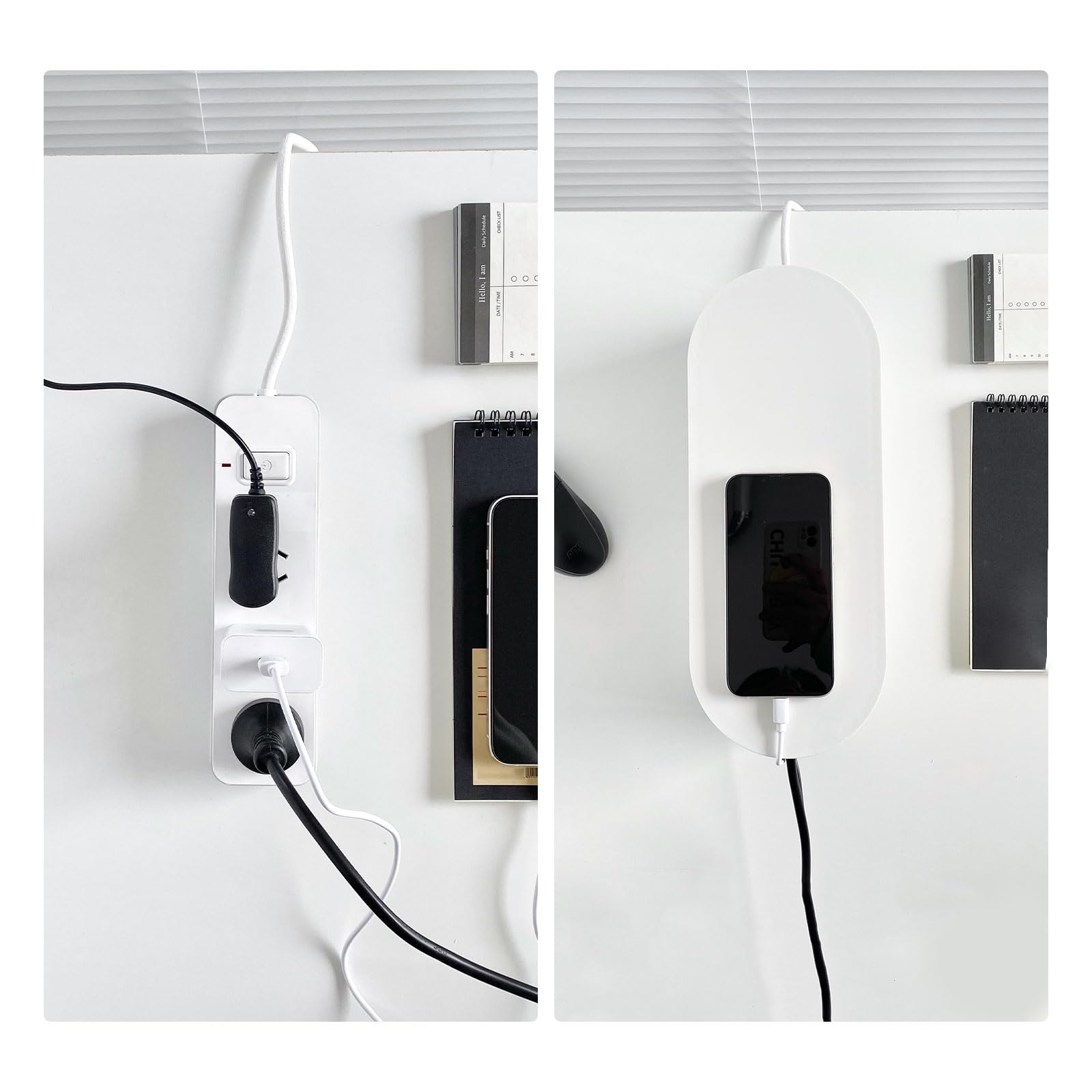Paquete de 2 cajas de gestión de cables blancas, caja organizadora de cables de plástico debajo del escritorio, tiras de alimentación para oficina en casa, cargador de teléfono, cables
