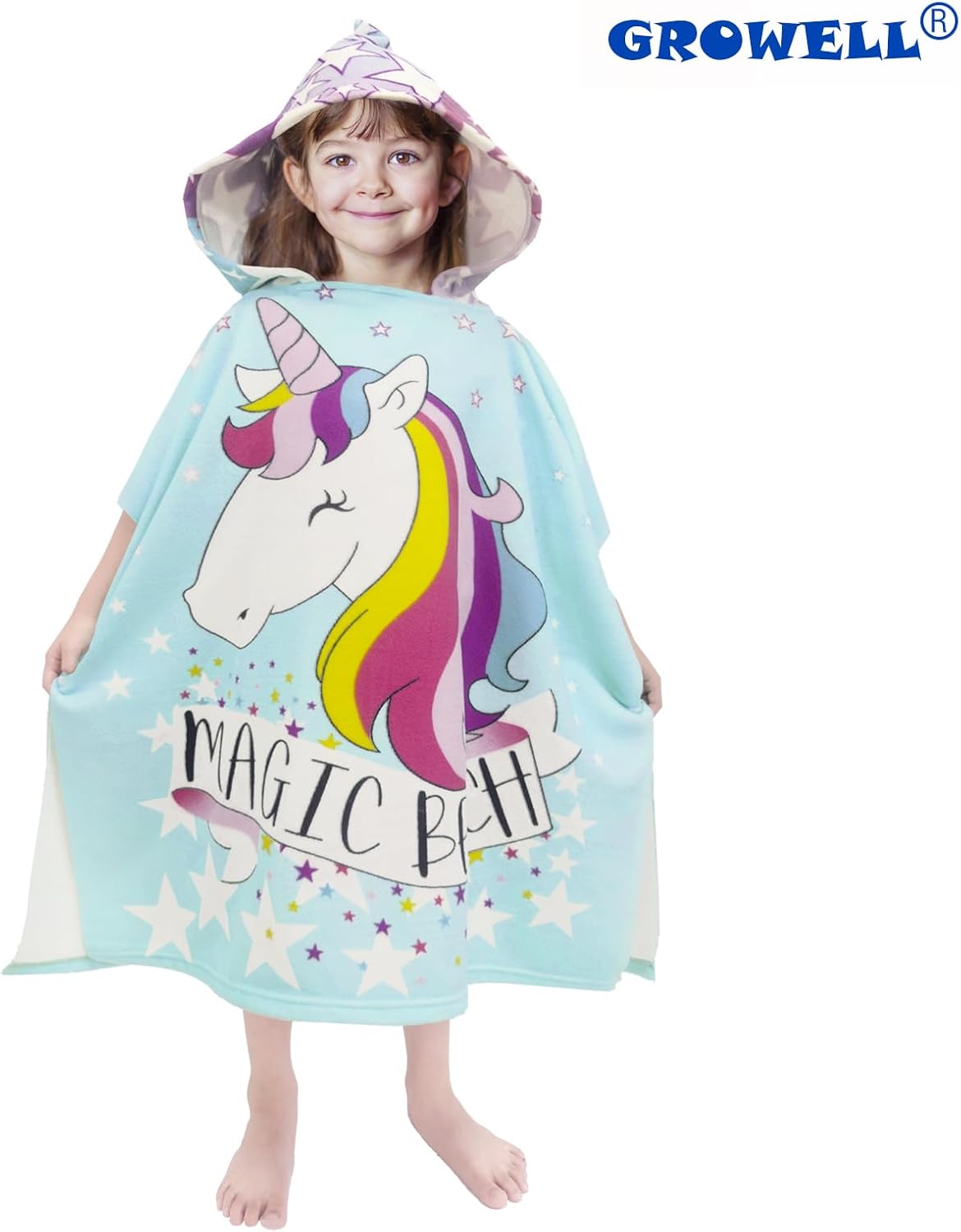 Hooded Kids Beach Towels - Toddler Bath Towel Girls Boys Swim Cover-ups for Ages 1 to 6 Kids Pool Towels Quick Dry Lightweight Soft Microfiber Poncho Towel 24x23 (Unicorn Aqua) - Image 2