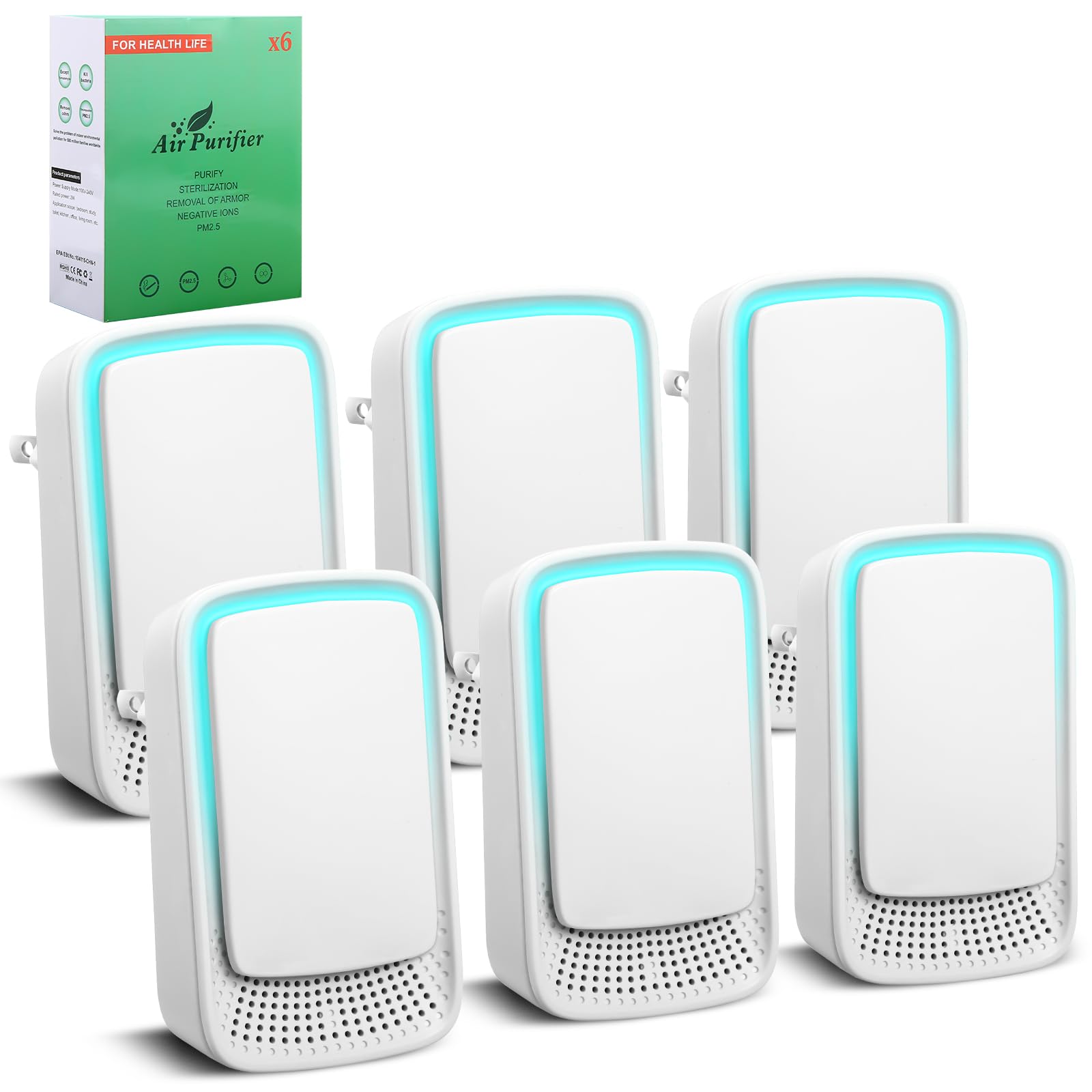6 Pack Plug In Air Ionizers, Quiet Operation Air Freshener for Home, Office, Bedroom, Kitchen, Garage Room, Portable Air Purifiers, Pets Smell - Air Cleaner (White)