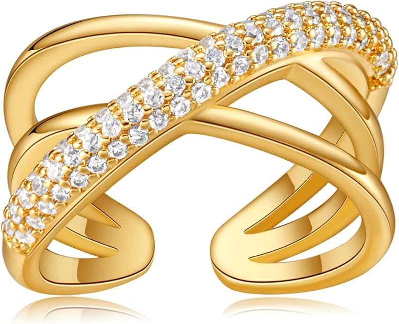 18K Gold Plated Rings Open Adjustable Rings Stackable Cubic Zirconia Statement Rings for Women